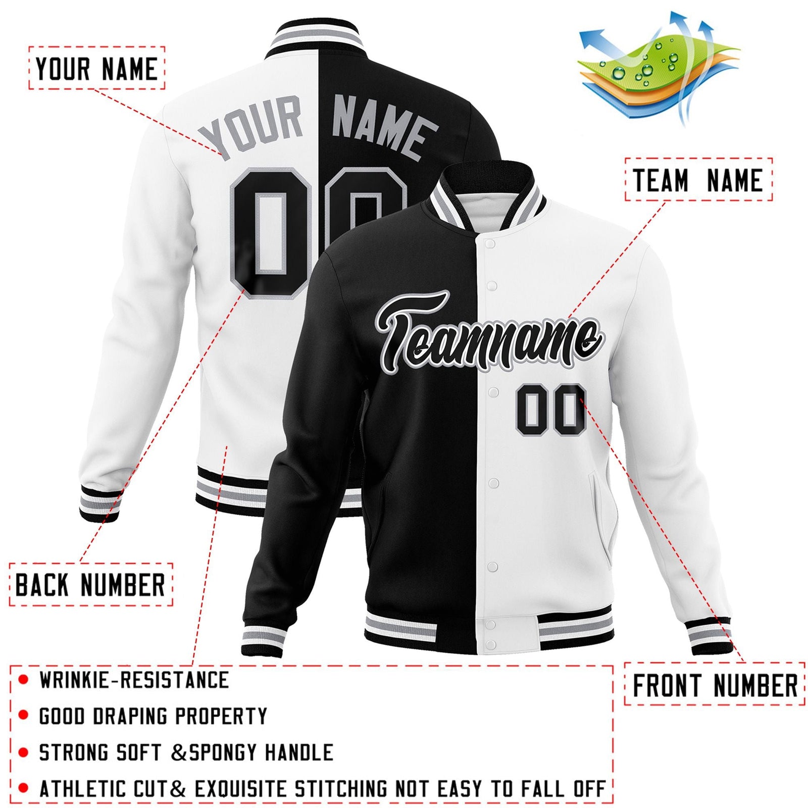 Custom Black White-Black Varsity Full-Snap Letterman Two Tone Split Fashion Jacket