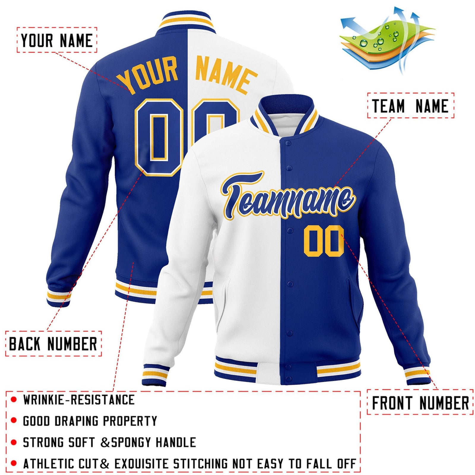 Custom White Royal-Royal Varsity Full-Snap Letterman Two Tone Split Fashion Jacket