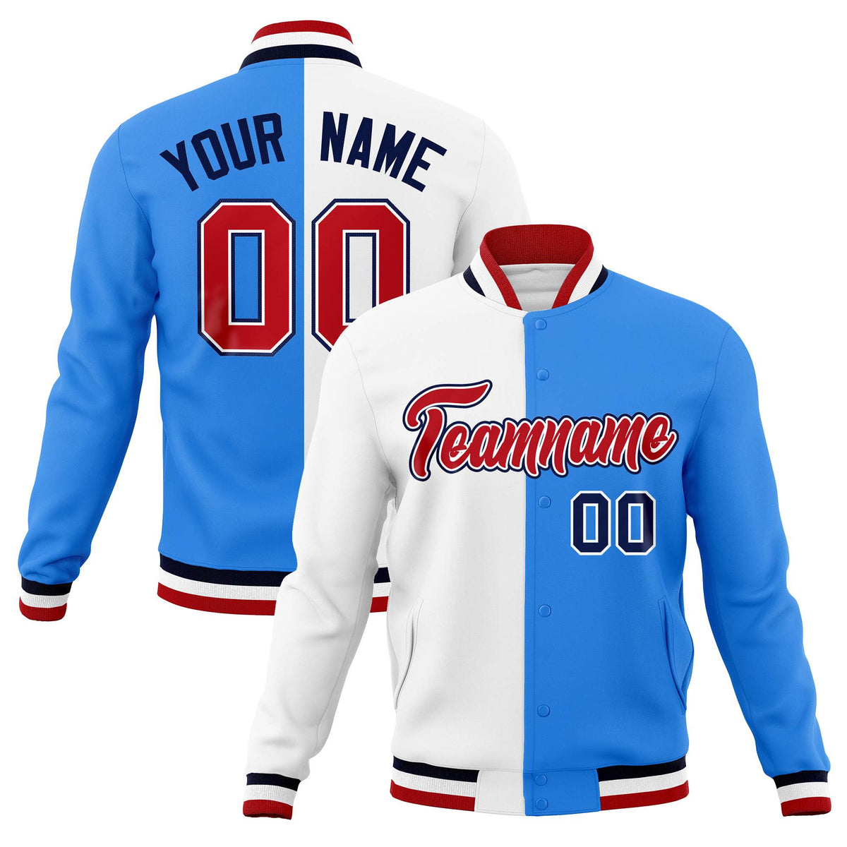 Custom White Powder Blue-Red Varsity Full-Snap Letterman Two Tone Split Fashion Jacket