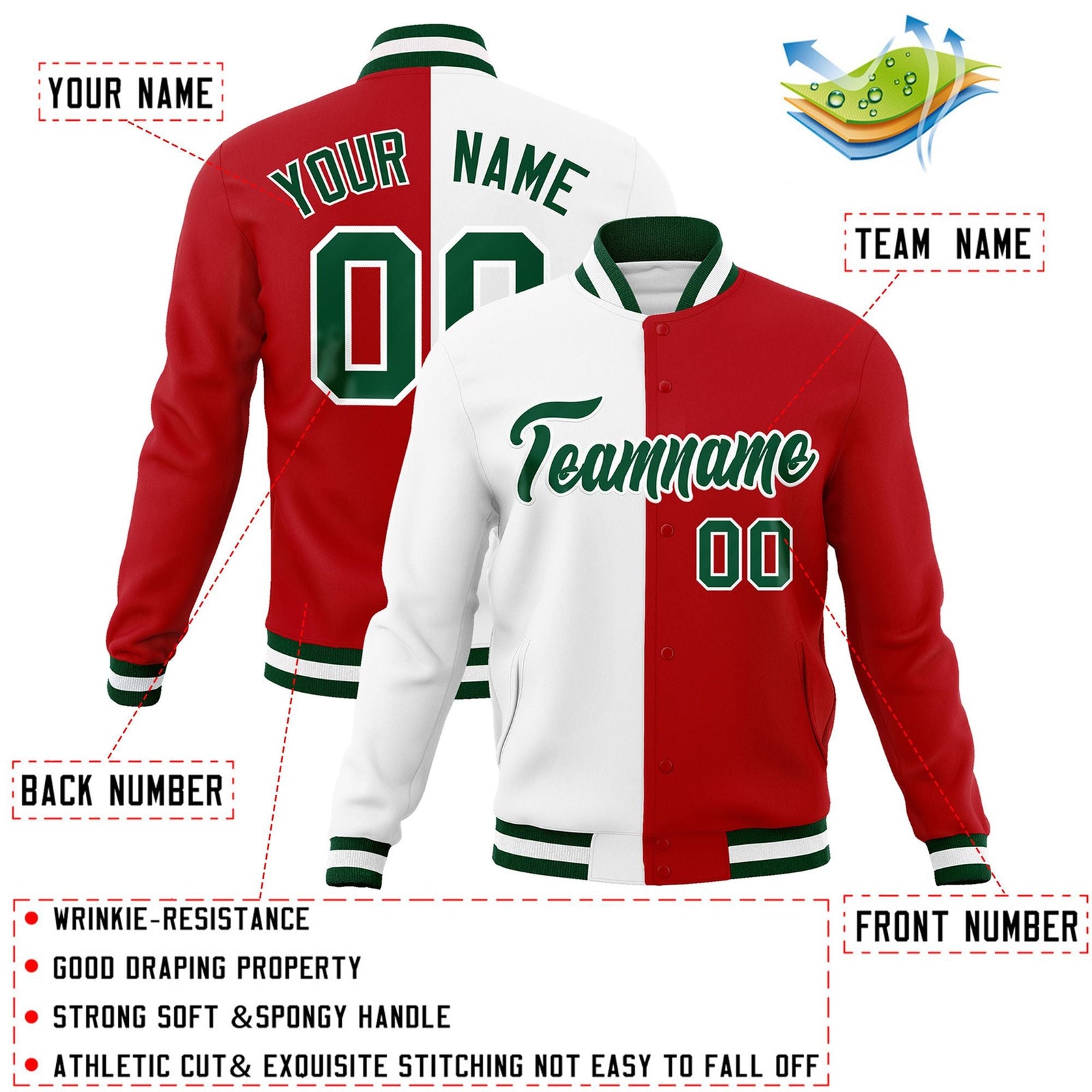Custom White Red-Green Varsity Full-Snap Letterman Two Tone Split Fashion Jacket