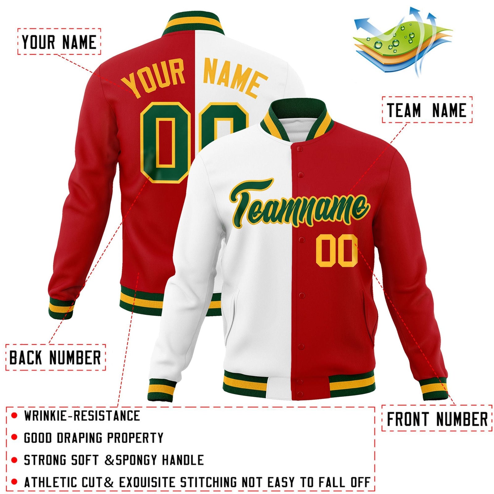 Custom White Red-Green Varsity Full-Snap Letterman Two Tone Split Fashion Jacket
