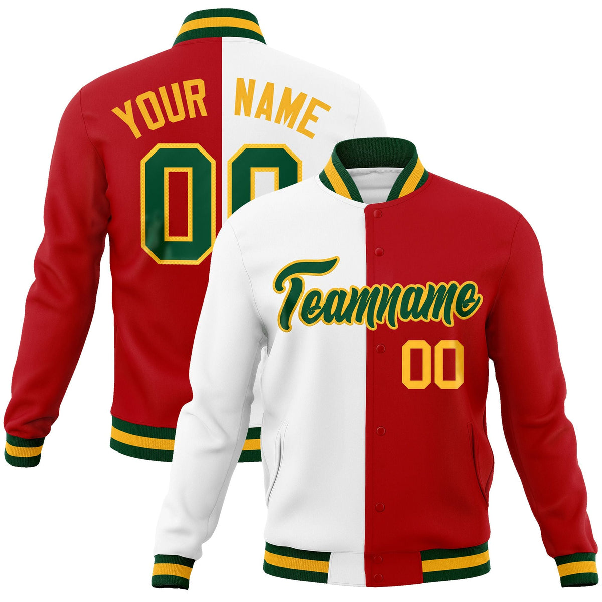 Custom White Red-Green Varsity Full-Snap Letterman Two Tone Split Fashion Jacket