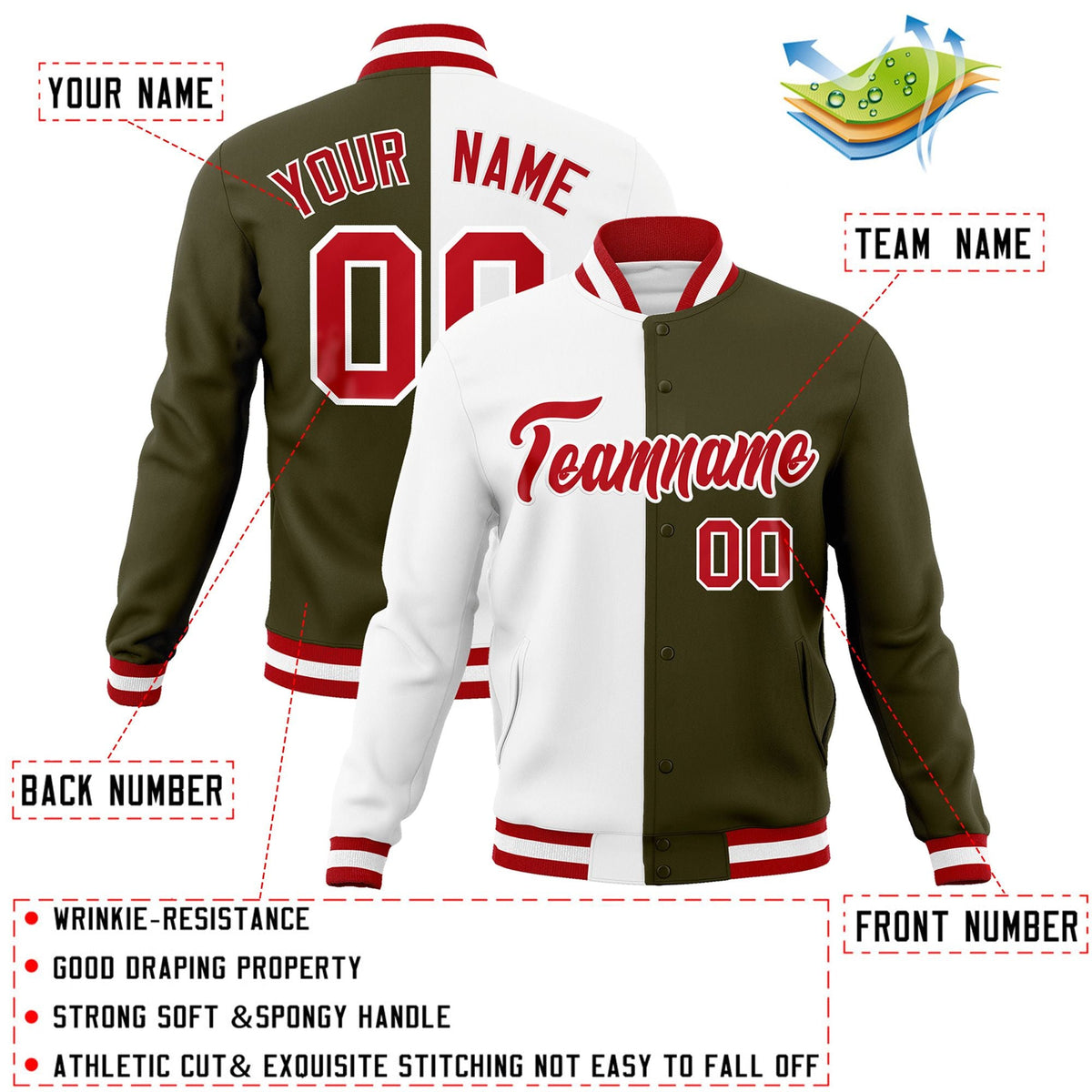 Custom White Olive-Red Varsity Full-Snap Letterman Two Tone Split Fashion Jacket