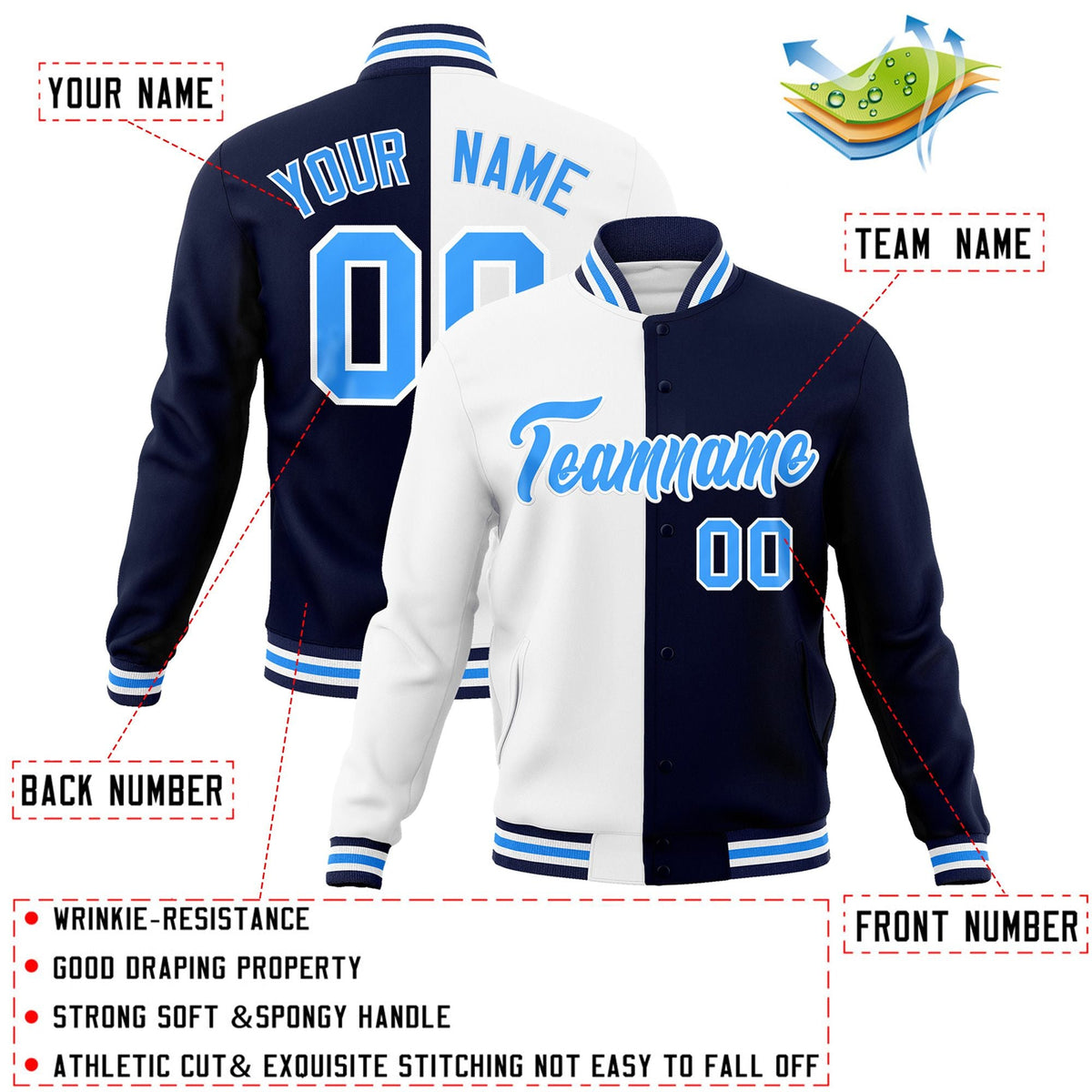 Custom White Navy-Powder Blue Varsity Full-Snap Letterman Two Tone Split Fashion Jacket