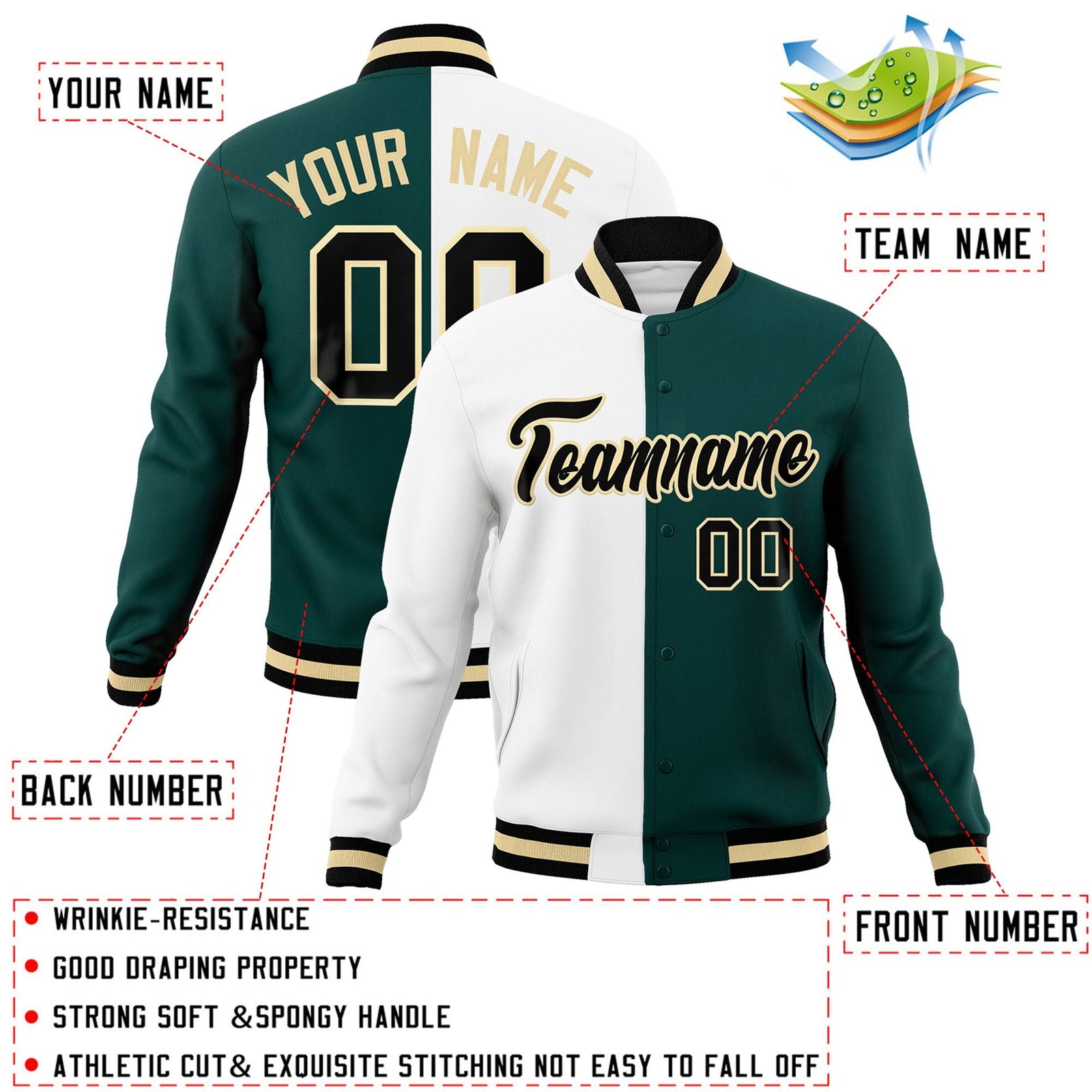 Custom White Midnight Green-Black Varsity Full-Snap Letterman Two Tone Split Fashion Jacket