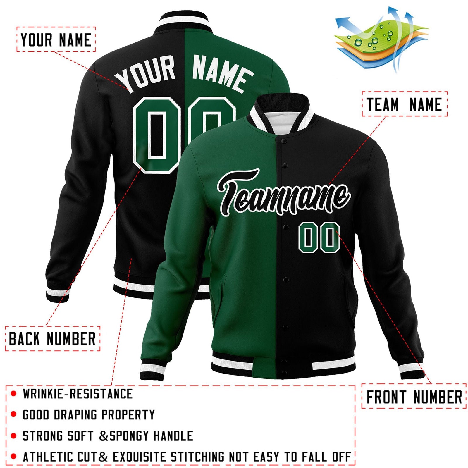 Custom Green Black-Black Varsity Full-Snap Letterman Two Tone Split Fashion Jacket