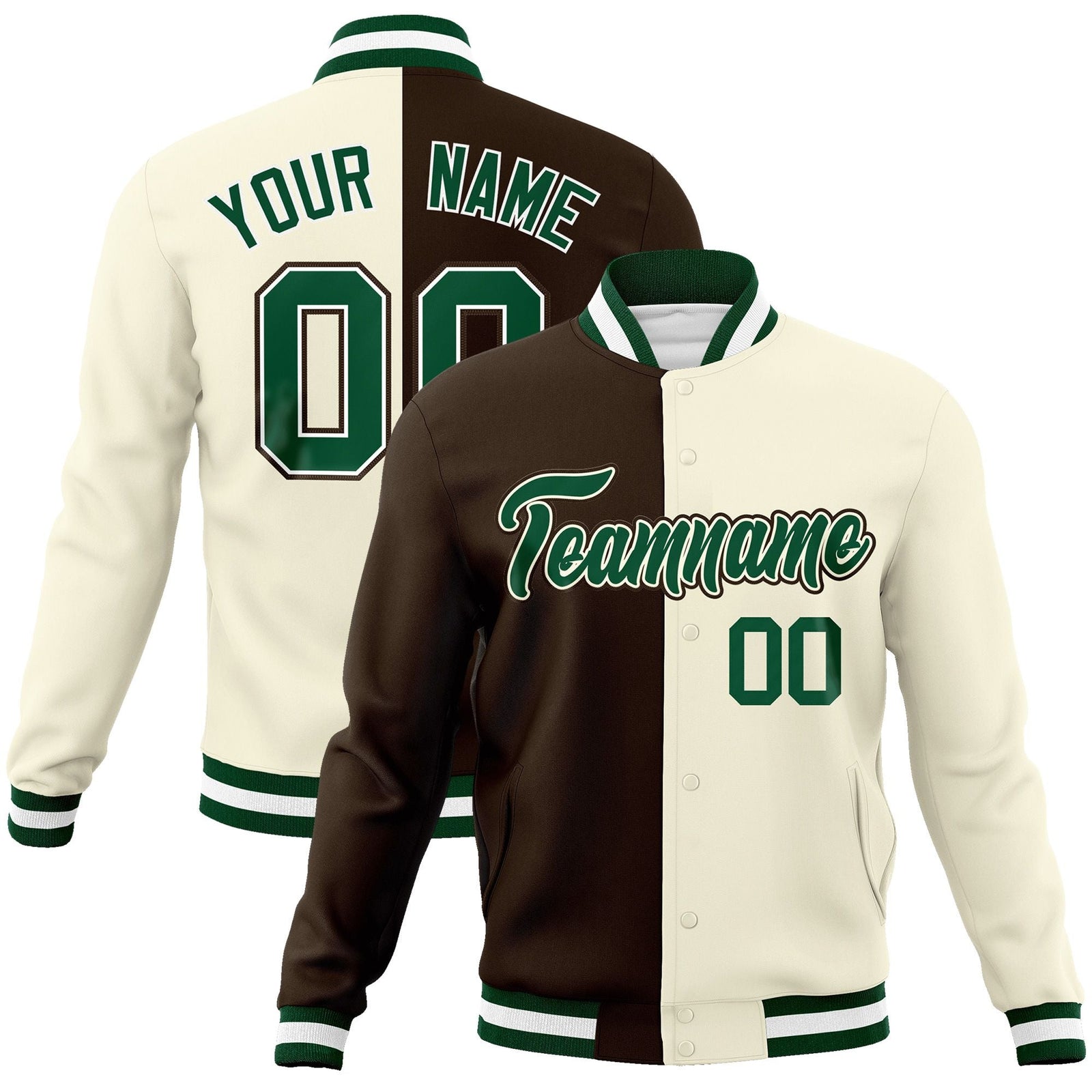 Custom Brown Khaki-Green Varsity Full-Snap Letterman Two Tone Split Fashion Jacket