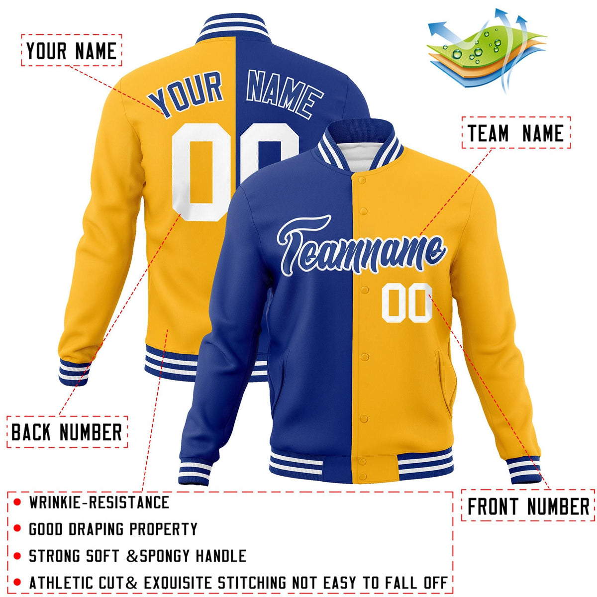 Custom Royal Yellow-Royal Varsity Full-Snap Letterman Two Tone Split Fashion Jacket