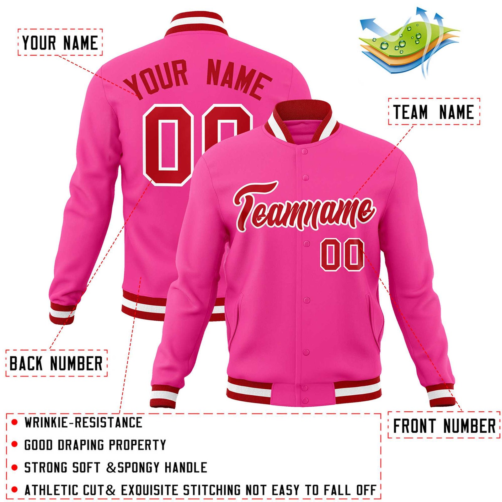 Custom Pink Red-White Classic Style Varsity Full-Snap Letterman Jacket