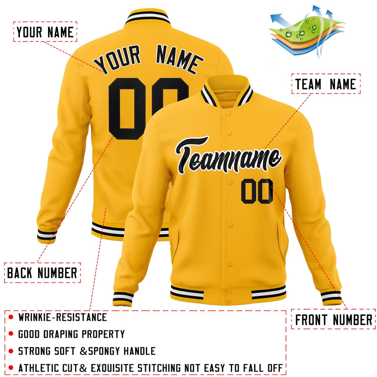 Custom Gold Black-White Classic Style Varsity Full-Snap Letterman Jacket