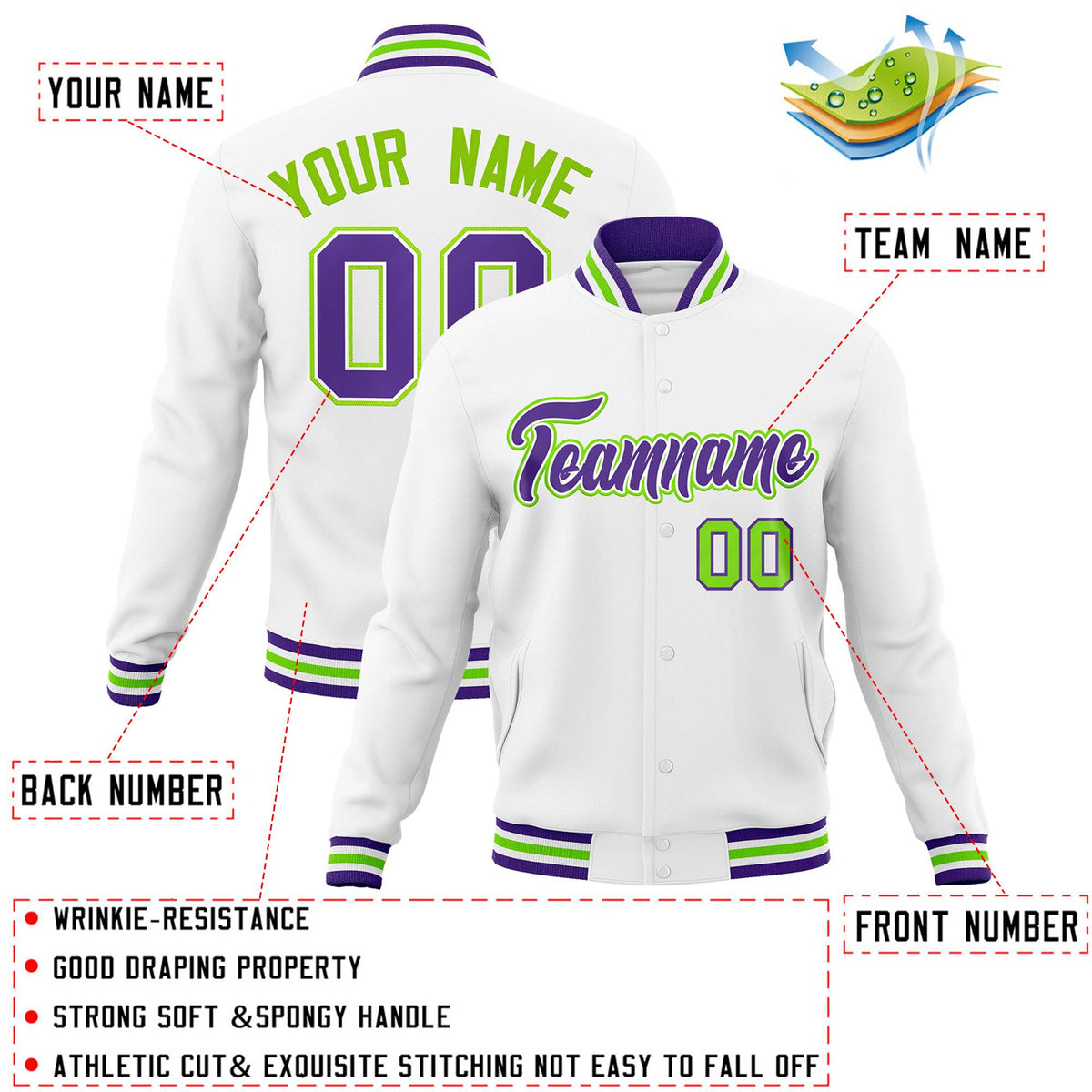 Custom White Purple-White Classic Style Varsity Full-Snap Letterman Jacket