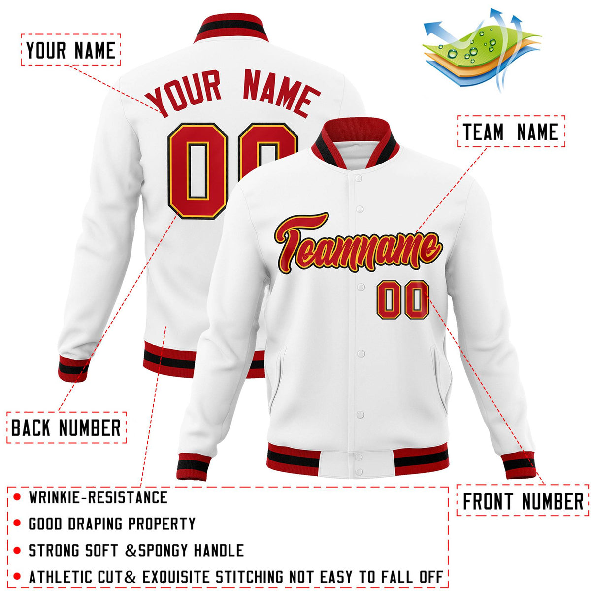 Custom White Red-Yellow Classic Style Varsity Full-Snap Letterman Jacket