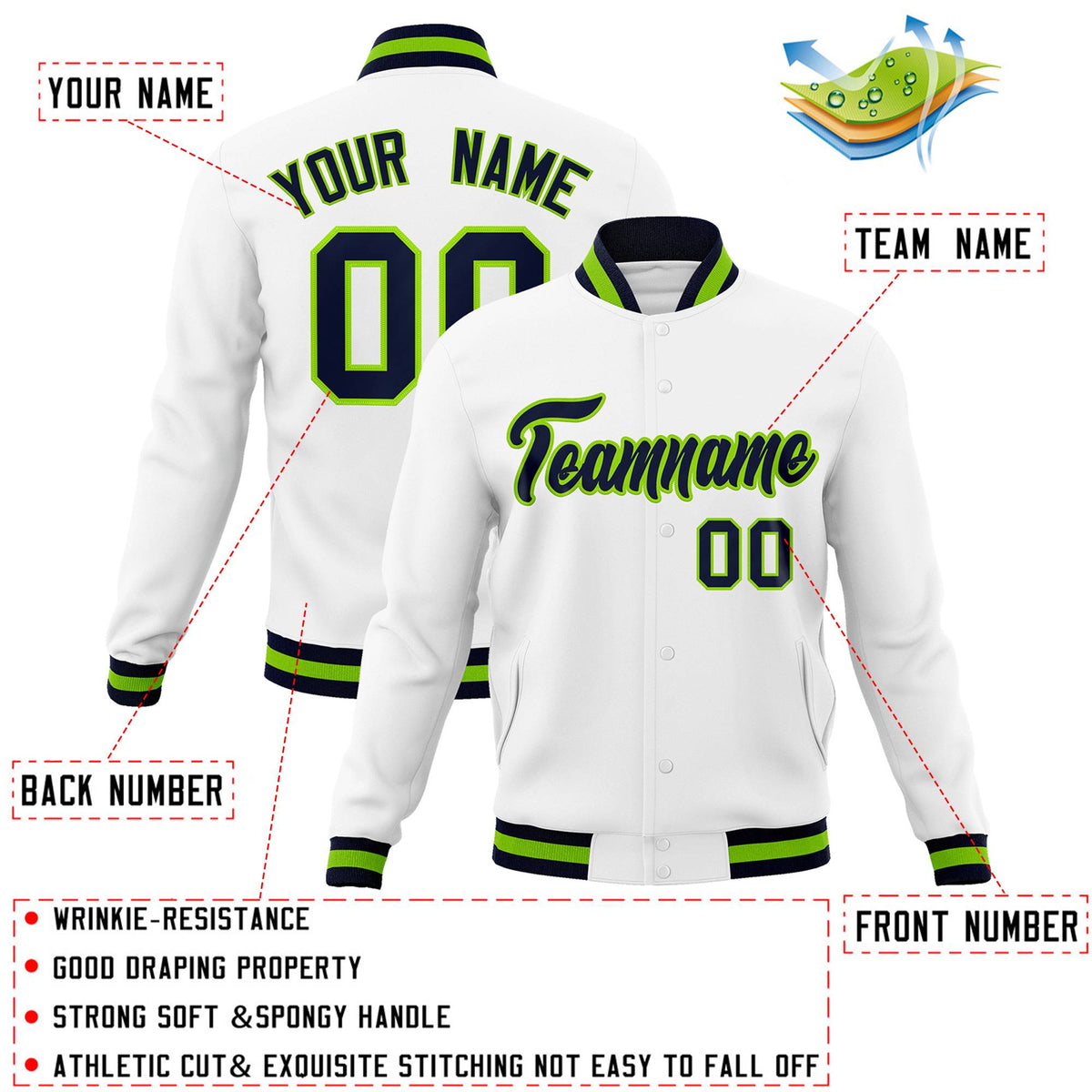 Custom White Navy-Neon Green Classic Style Varsity Full-Snap Letterman Jacket