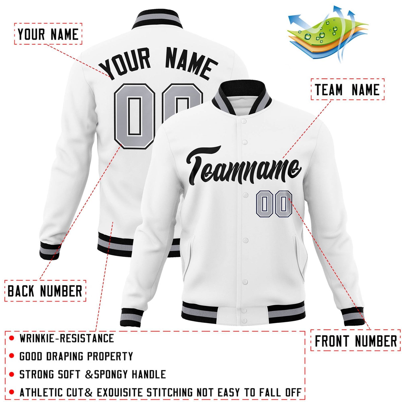 Custom White Black Classic Style Varsity Full-Snap Letterman Jacket