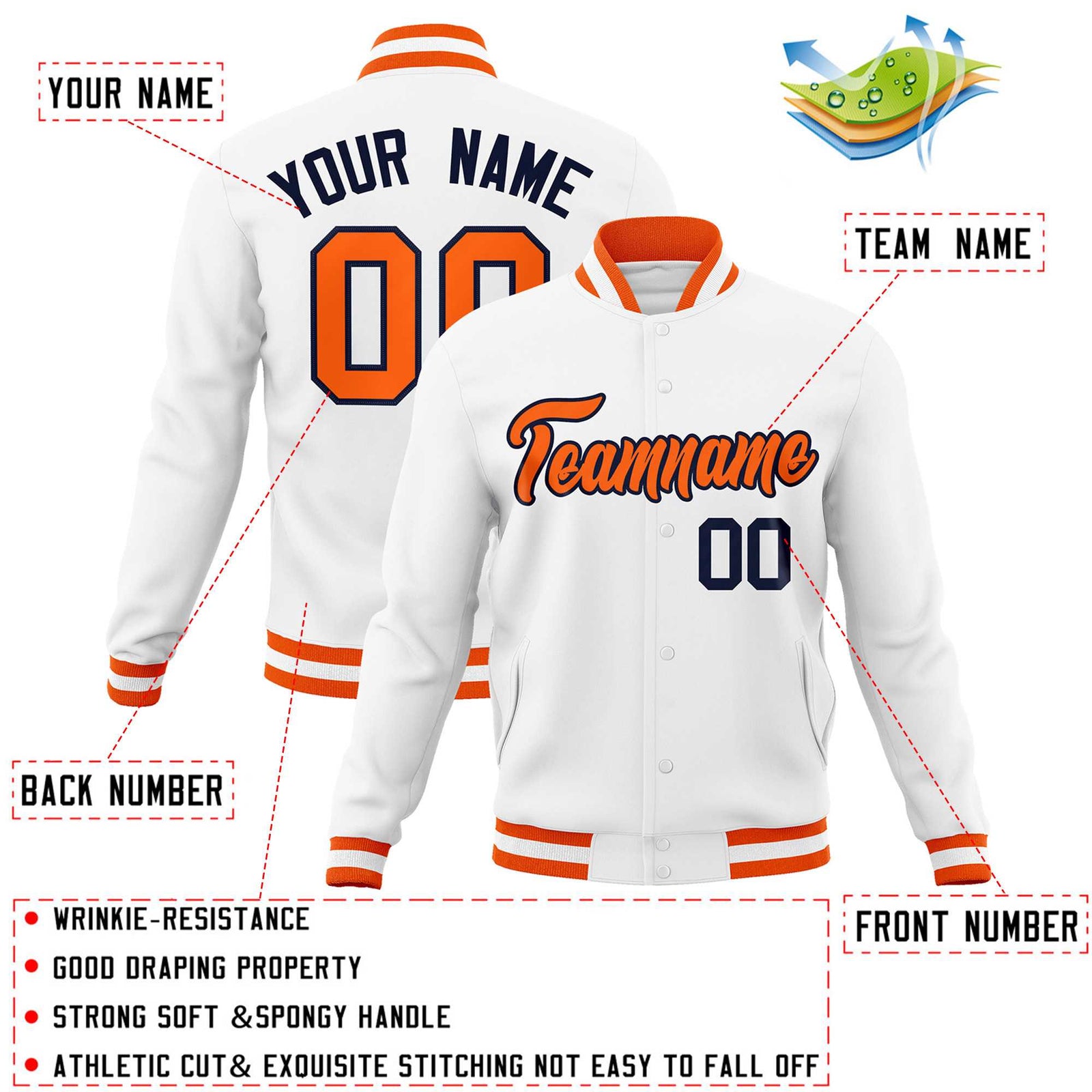Custom White Orange-Navy Classic Style Varsity Full-Snap Letterman Jacket