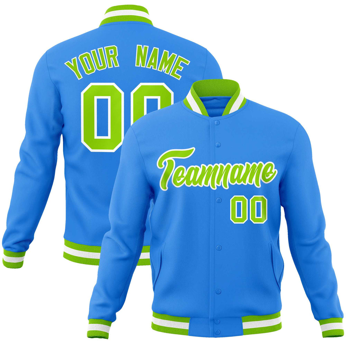 Custom Powder Blue Neon Green-White Classic Style Varsity Full-Snap Letterman Jacket