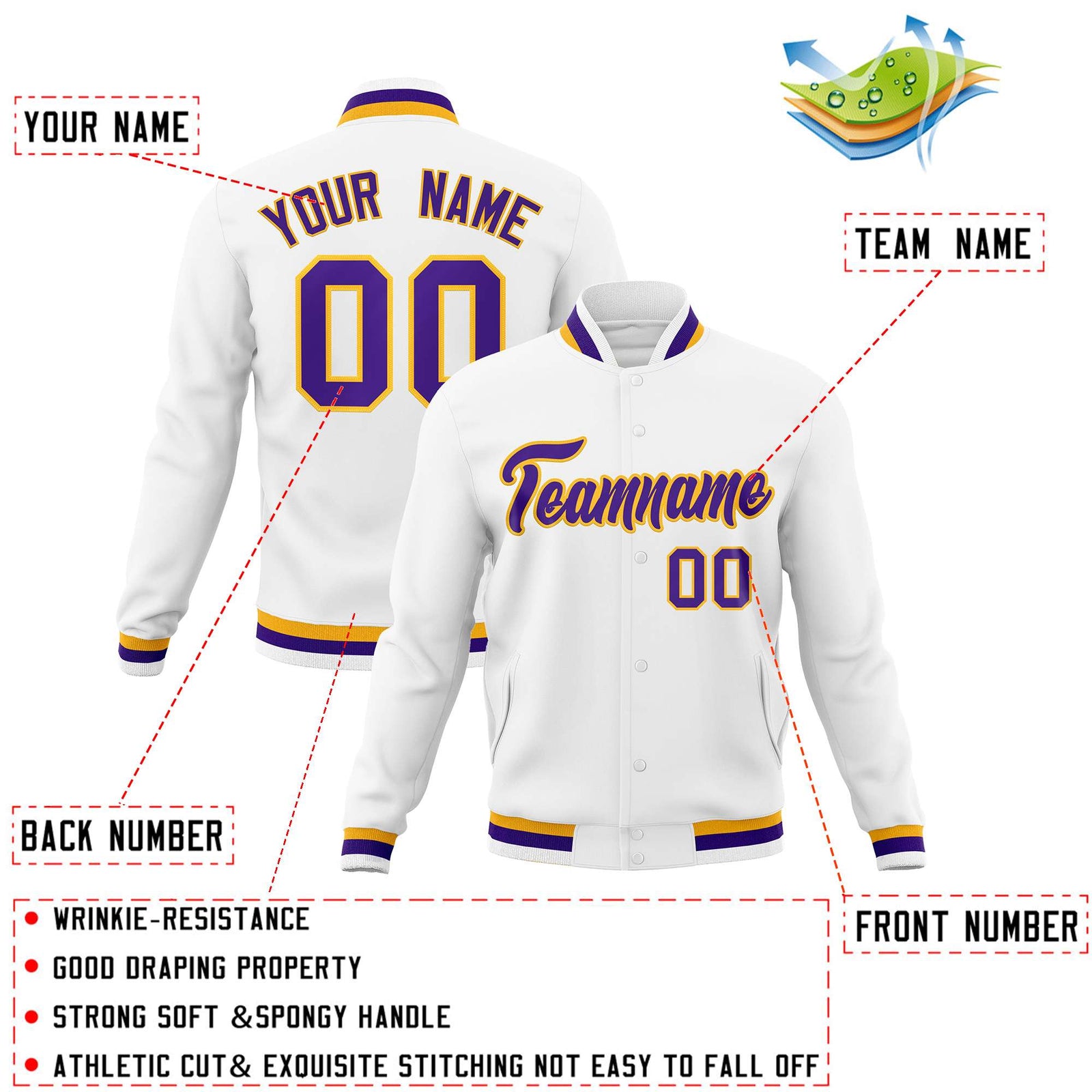 Custom White Purple-Gold Classic Style Varsity Full-Snap Letterman Jacket