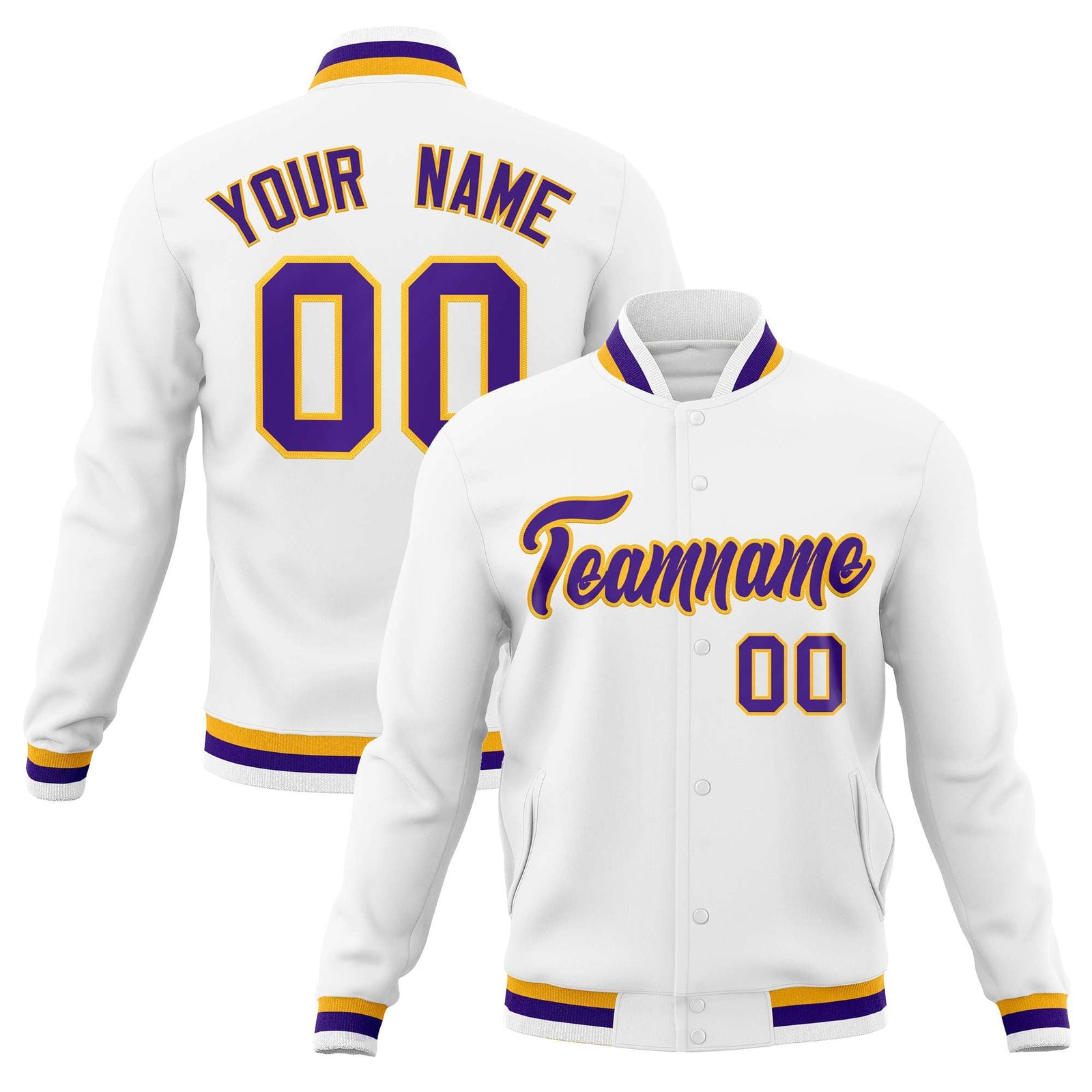 Custom White Purple-Gold Classic Style Varsity Full-Snap Letterman Jacket