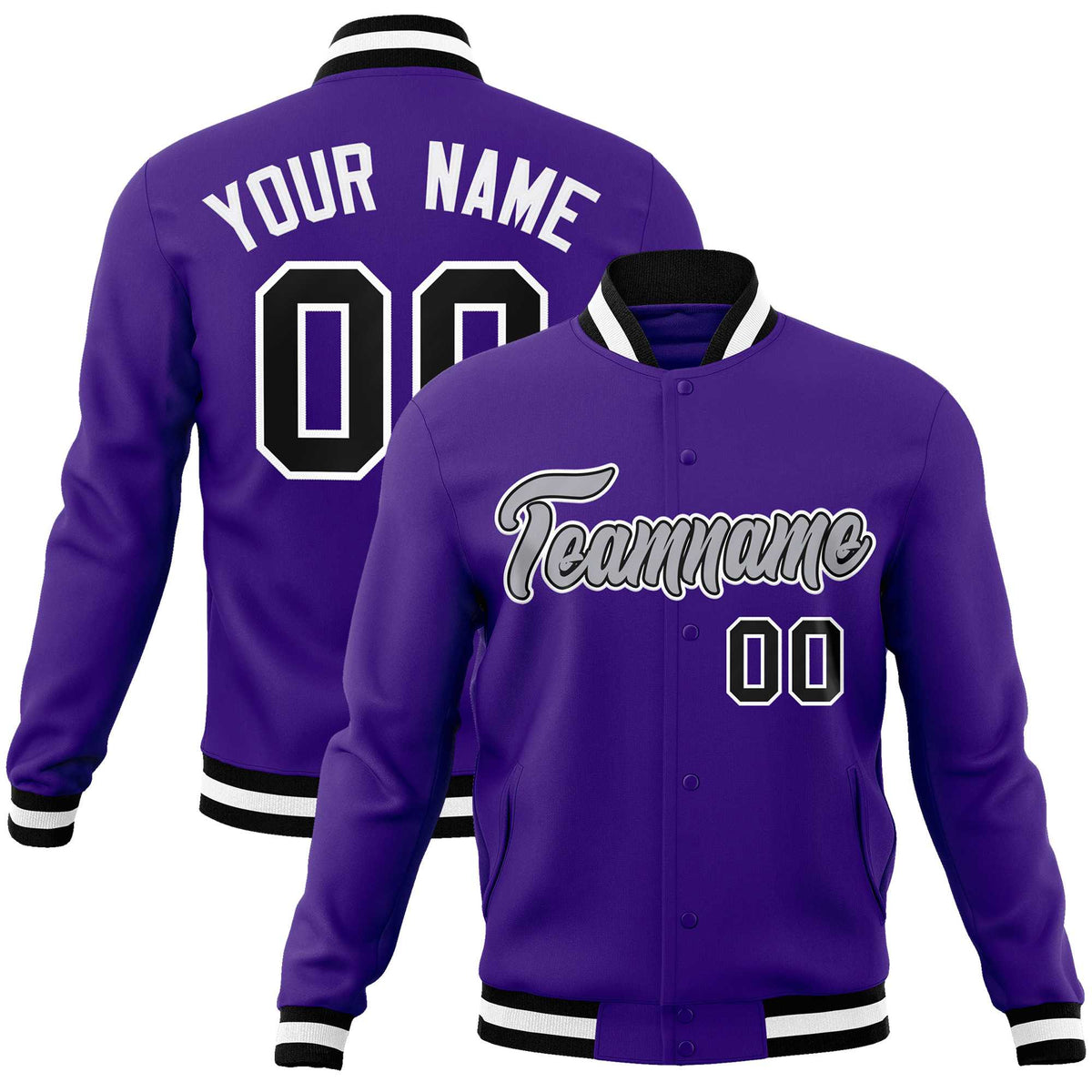 Custom Purple Gray-White Classic Style Varsity Full-Snap Letterman Jacket
