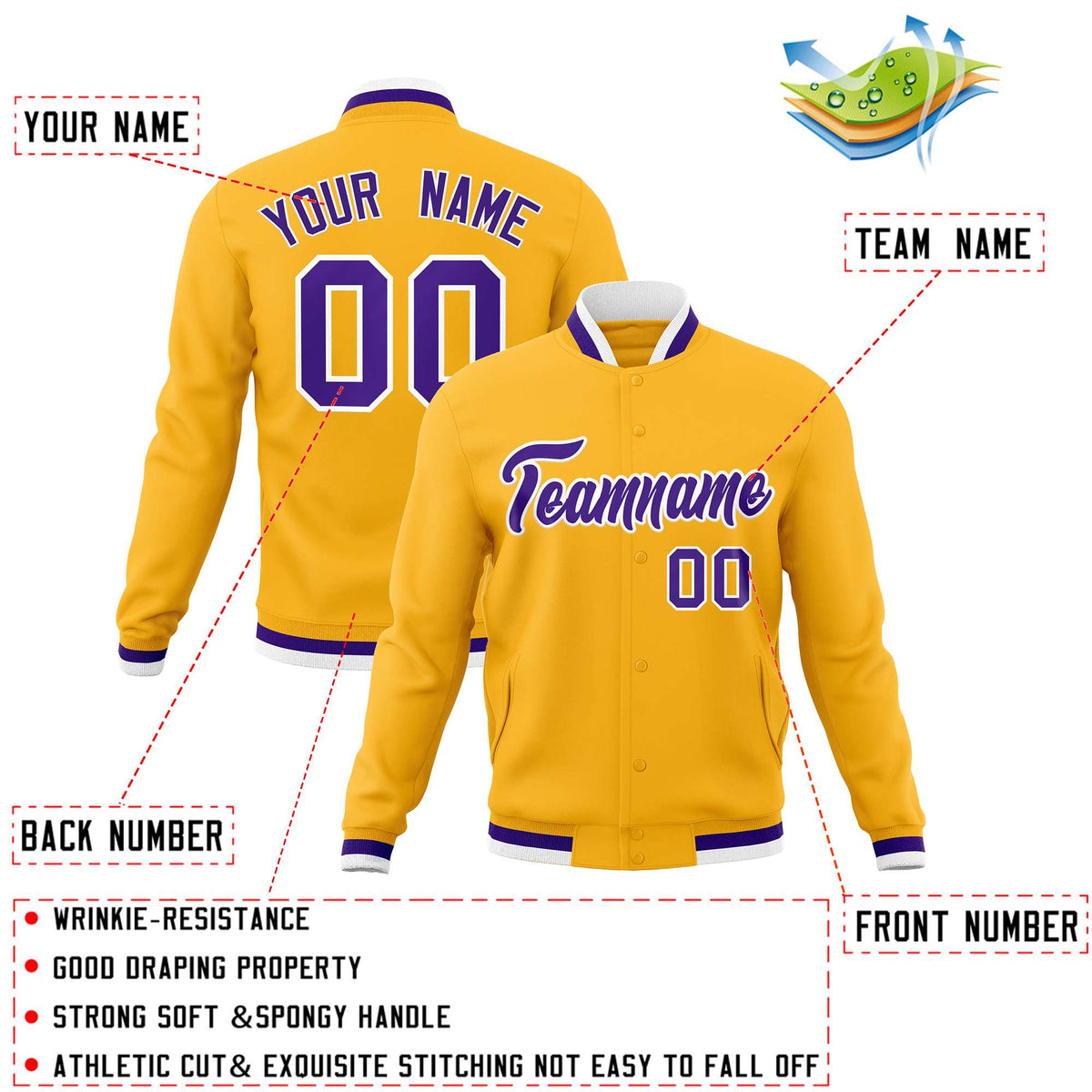 Custom Yellow Purple-White Classic Style Varsity Full-Snap Letterman Jacket
