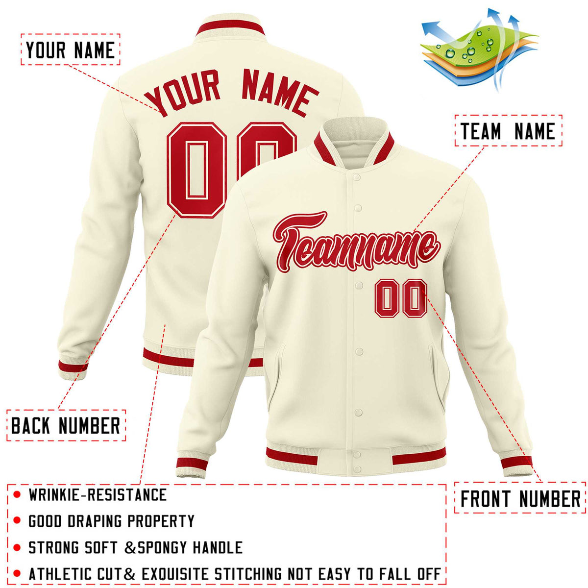 Custom Khaki Red-Red Classic Style Varsity Full-Snap Letterman Jacket
