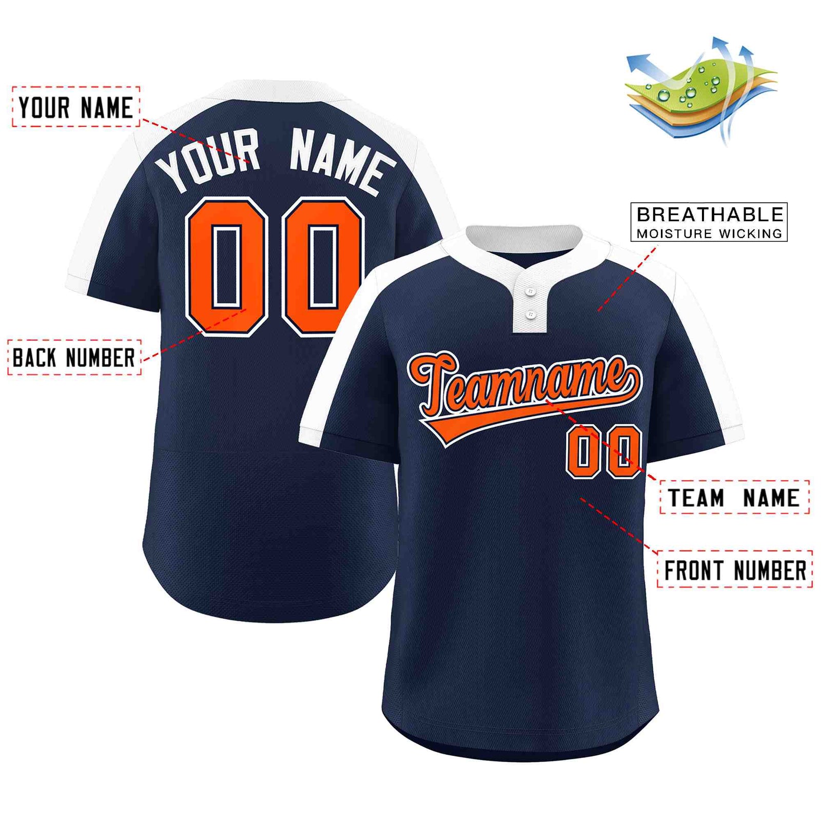Custom Navy Orange-Navy Classic Style Authentic Two-Button Softball Jersey
