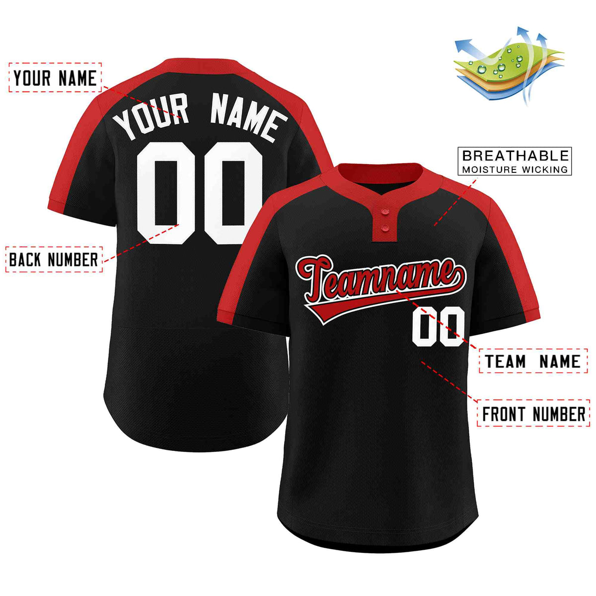 Custom Black Red-Black Classic Style Authentic Two-Button Softball Jersey