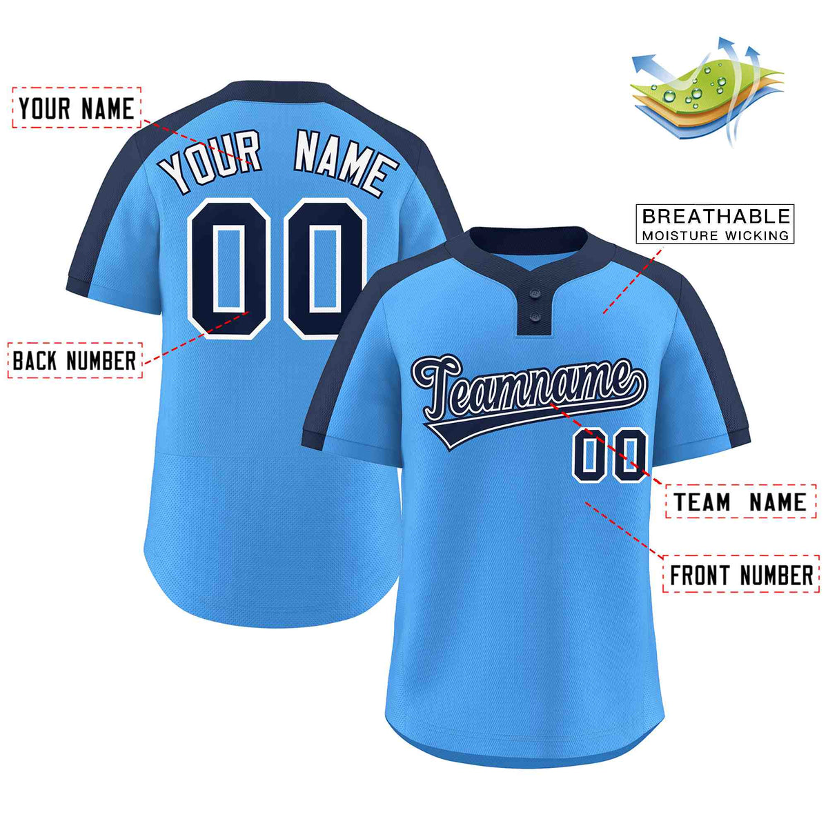Custom Powder Blue Navy-White Classic Style Authentic Two-Button Softball Jersey