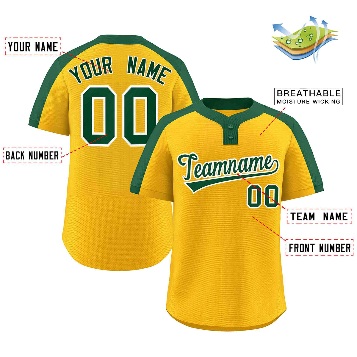 Custom Gold Green-White Classic Style Authentic Two-Button Softball Jersey