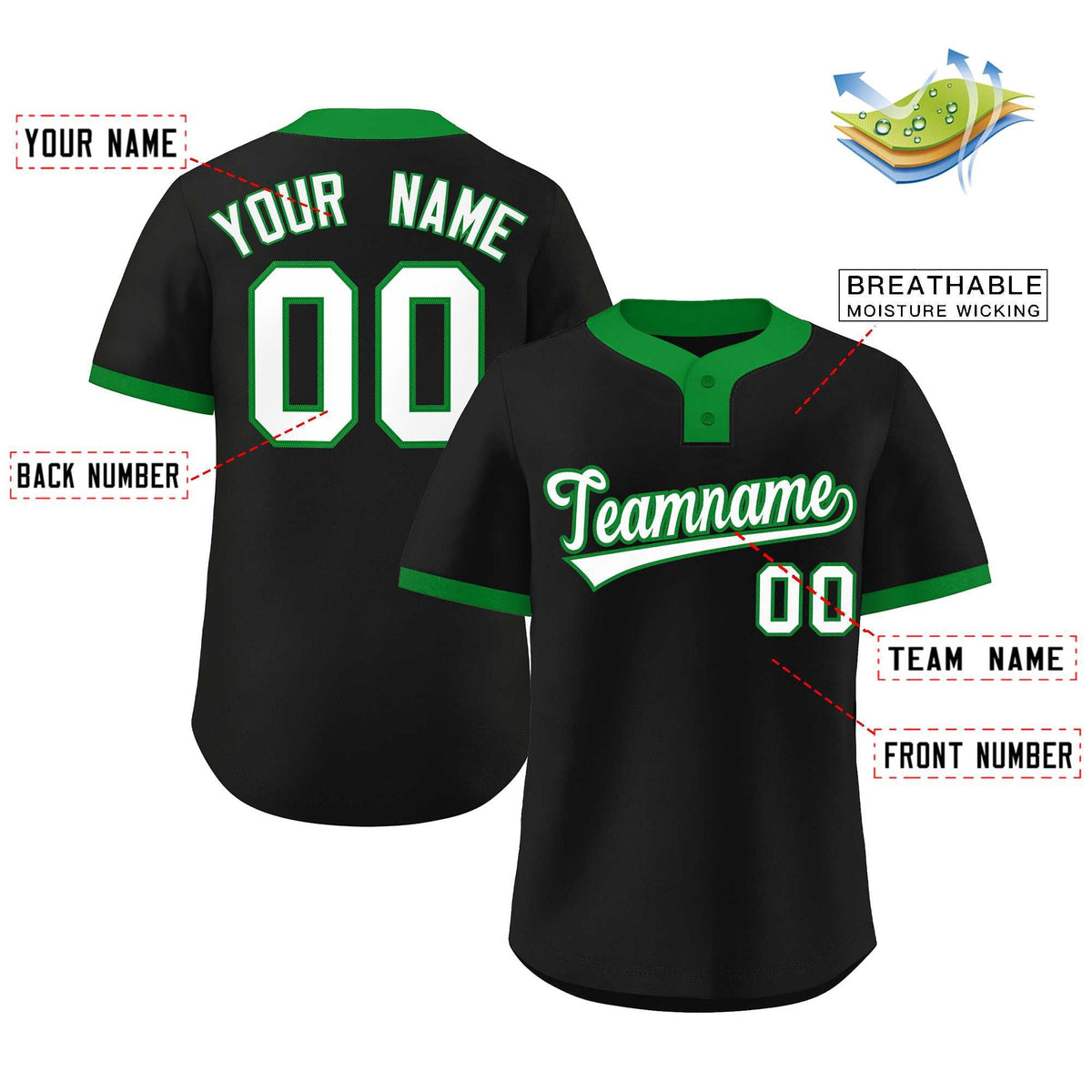 Custom Black White-Kelly Green Classic Style Authentic Two-Button Softball Jersey