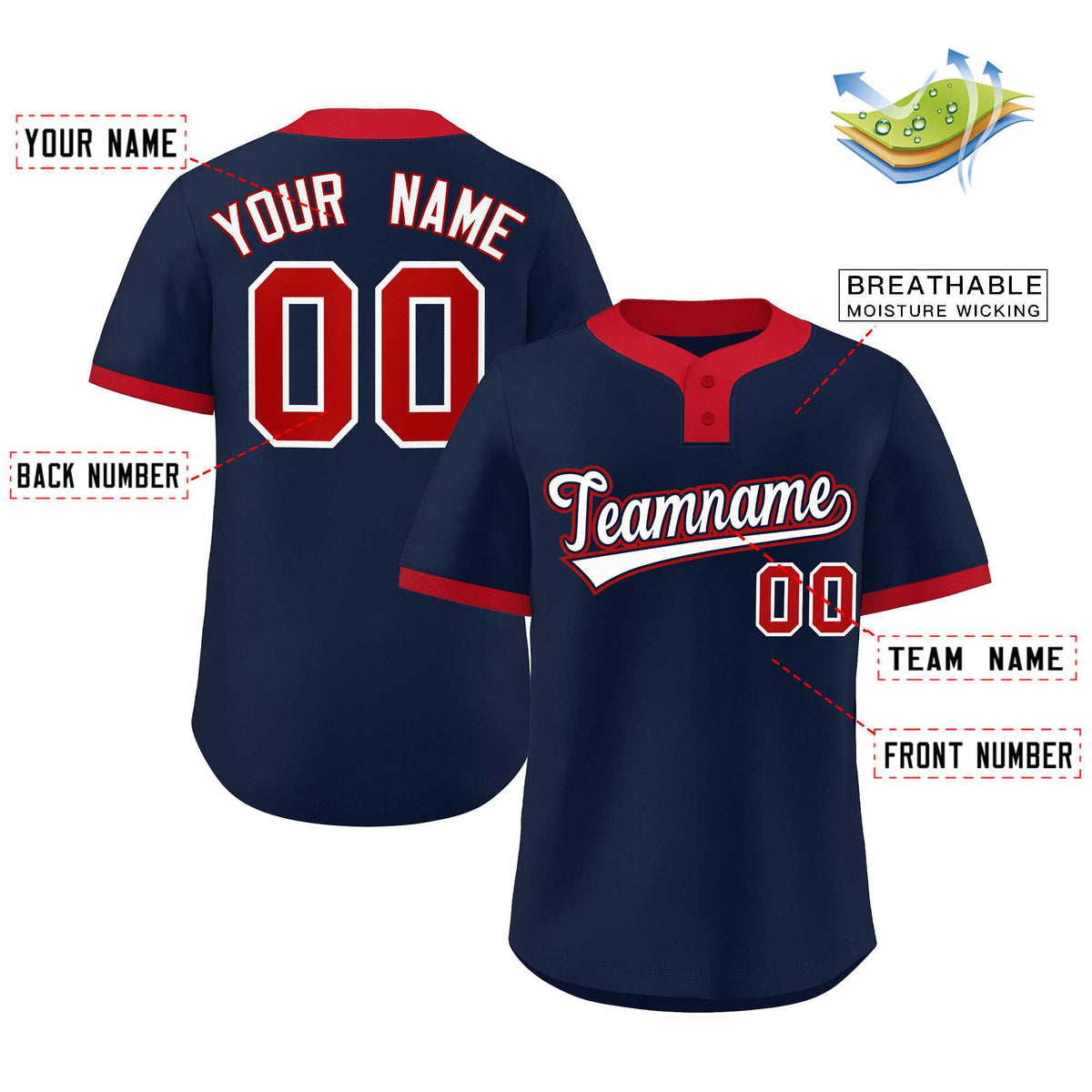 Custom Navy White-Red Classic Style Authentic Two-Button Softball Jersey