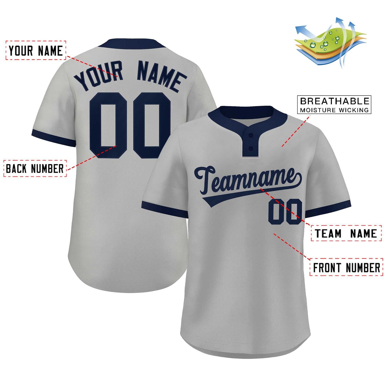 Custom Gray Navy Classic Style Authentic Two-Button Softball Jersey