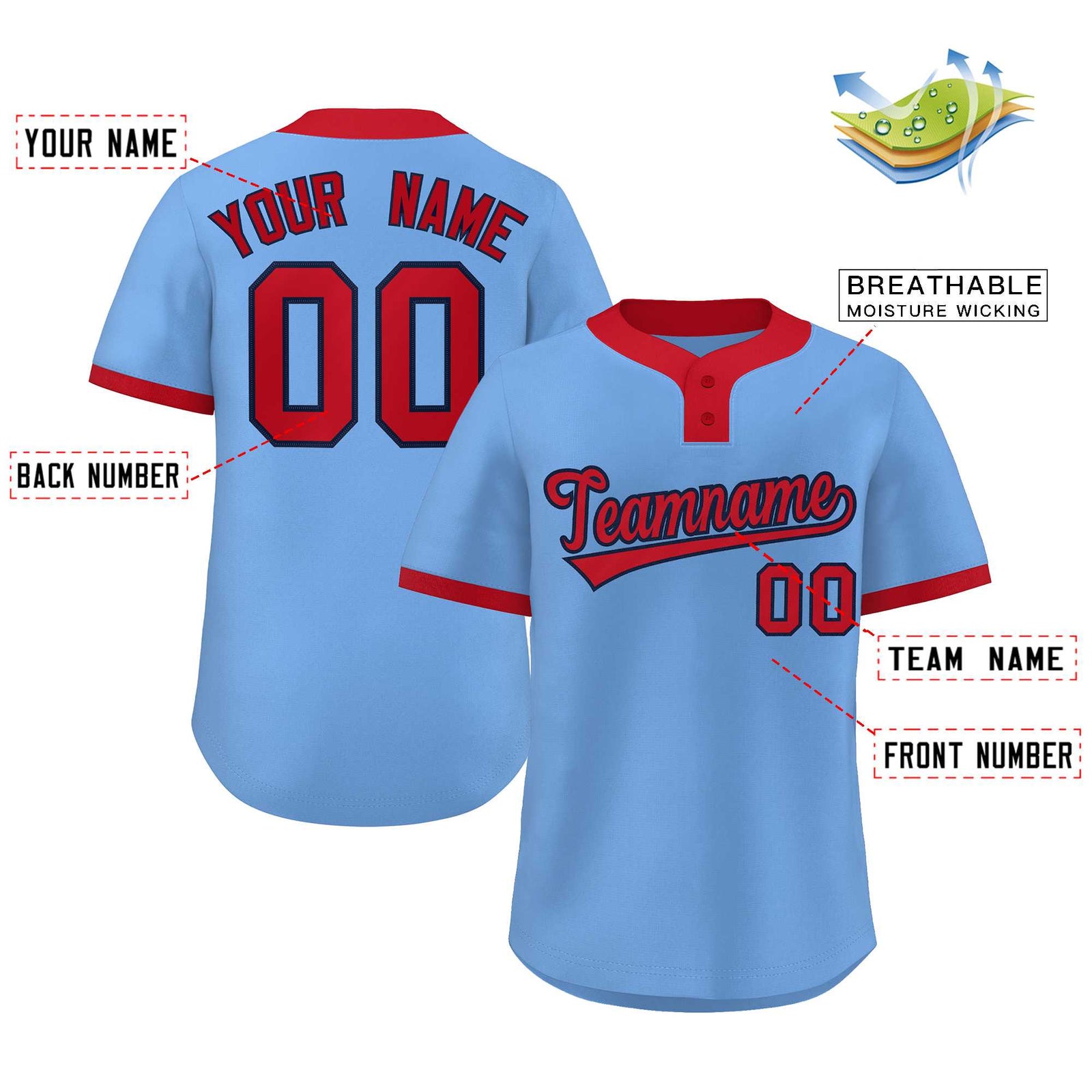 Custom Light Blue Red Classic Style Authentic Two-Button Softball Jersey