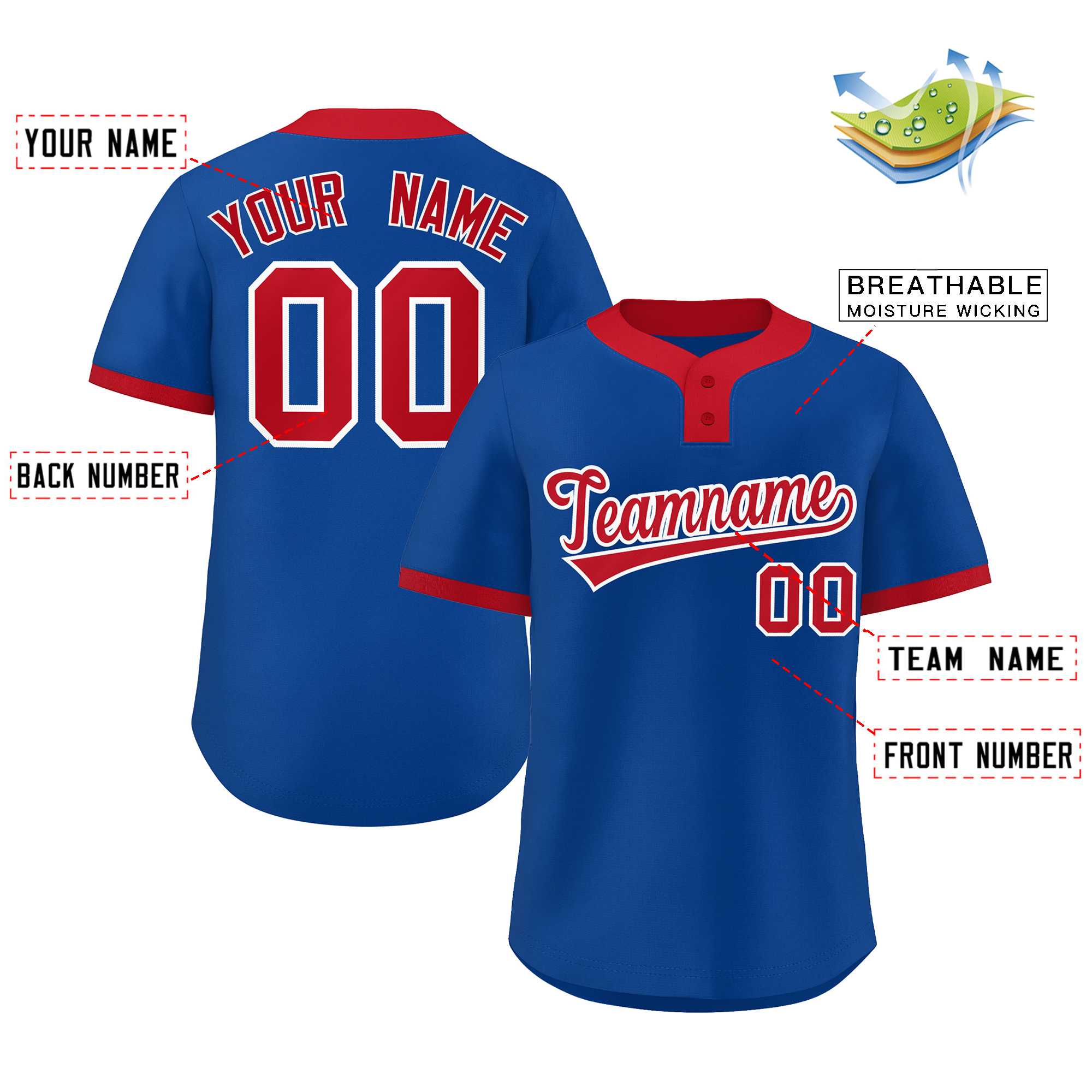 Custom Royal Red-White Classic Style Authentic Two-Button Softball Jersey