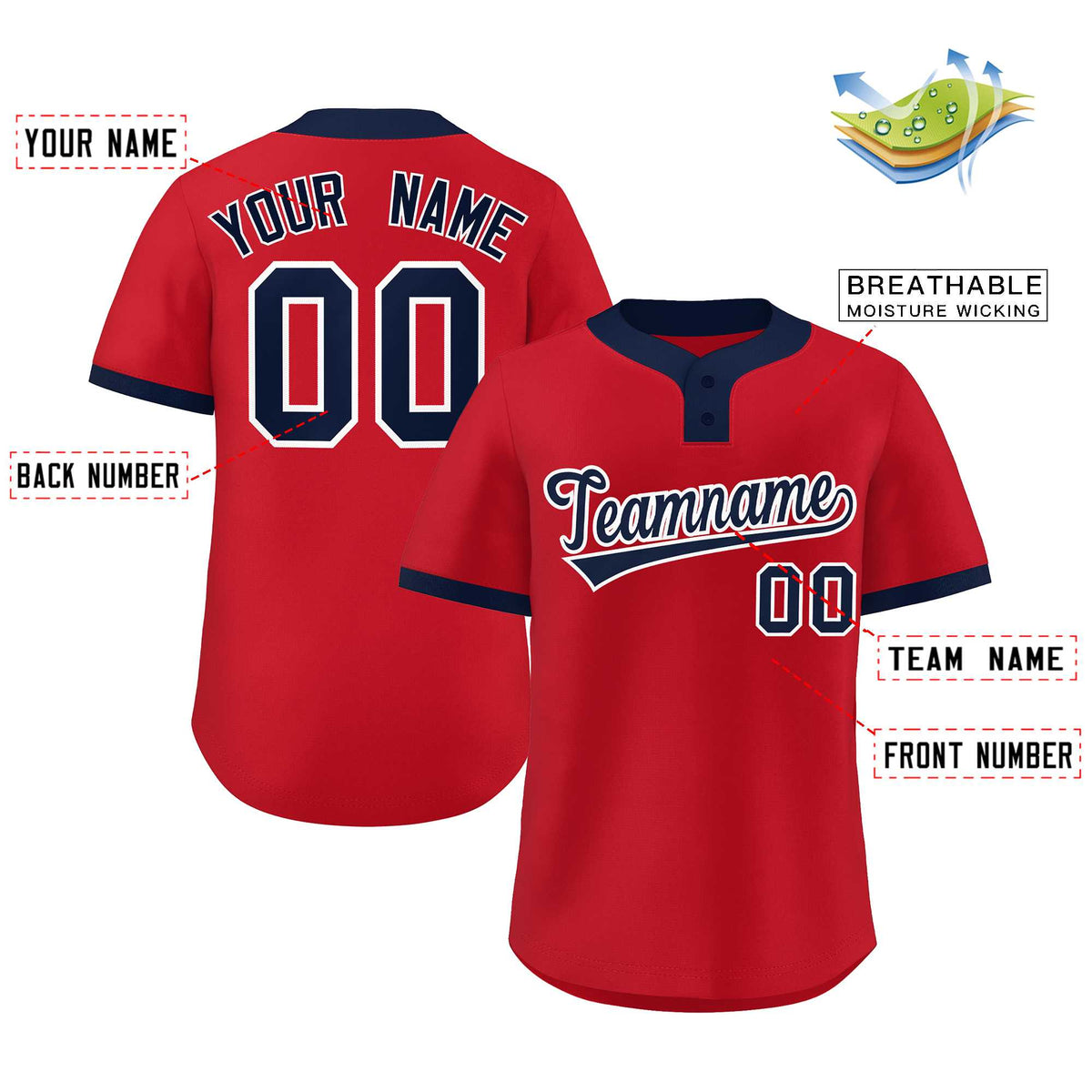 Custom Red Navy-White Classic Style Authentic Two-Button Softball Jersey