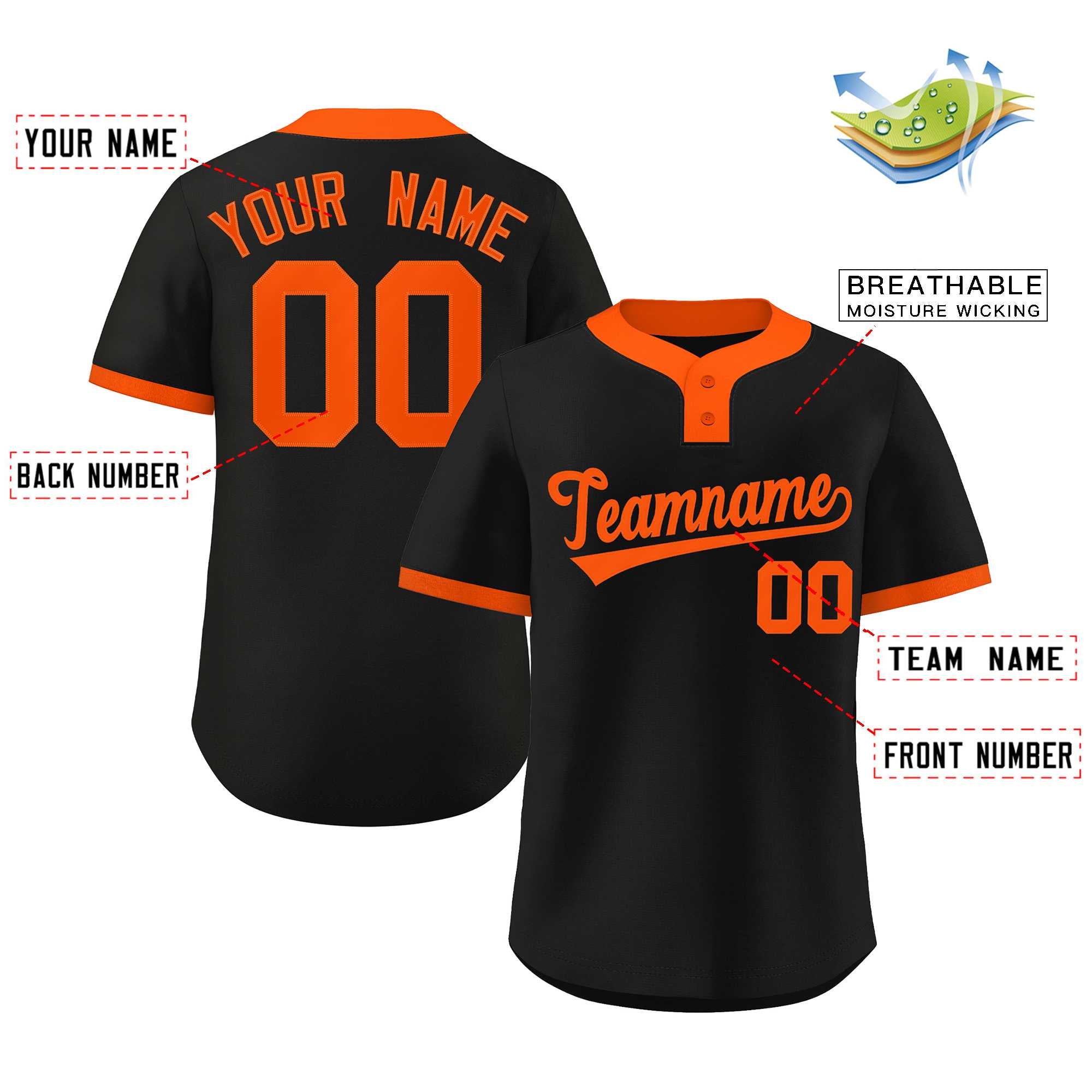 Custom Black Orange Classic Style Authentic Two-Button Softball Jersey