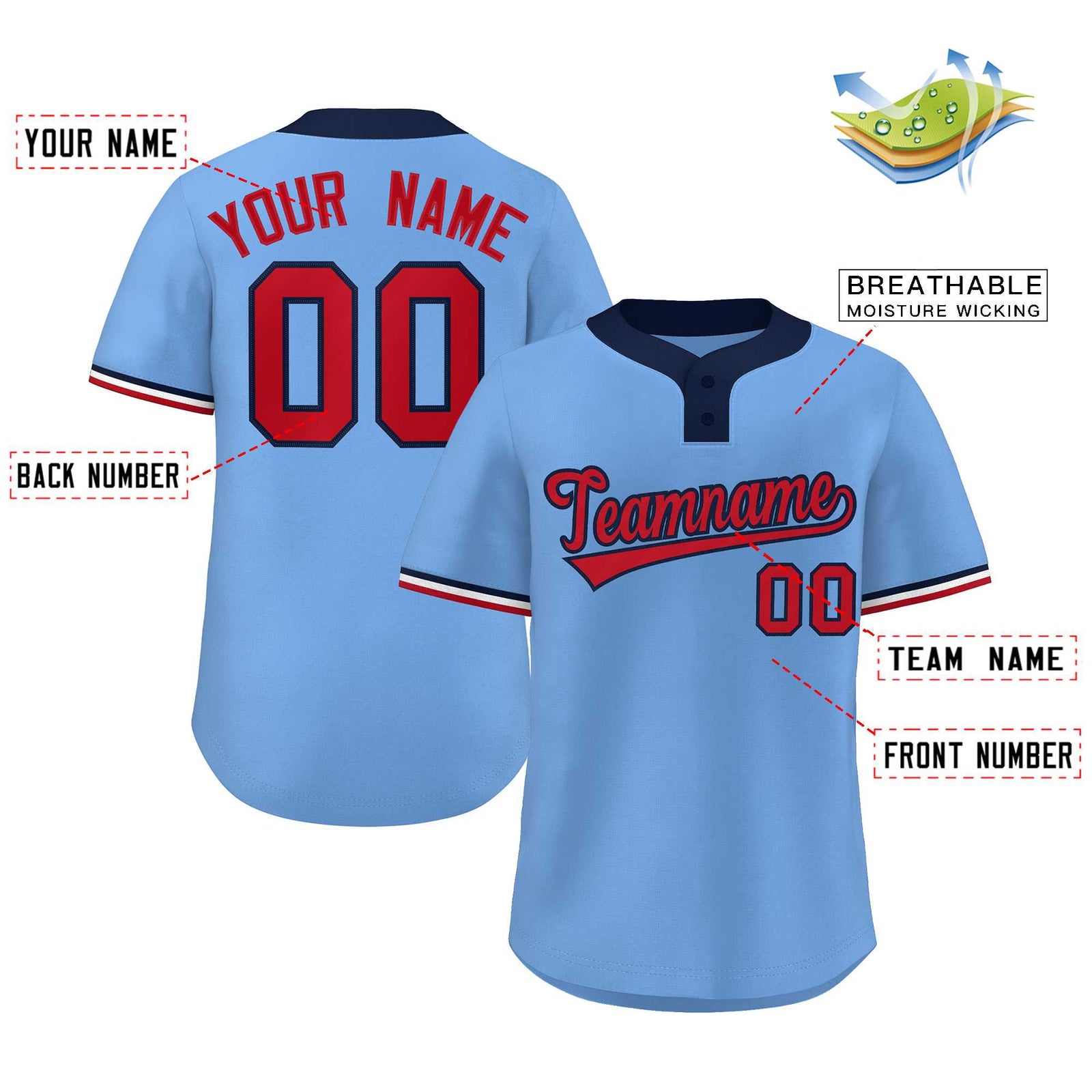 Custom Light Blue Red-Navy Classic Style Authentic Two-Button Softball Jersey