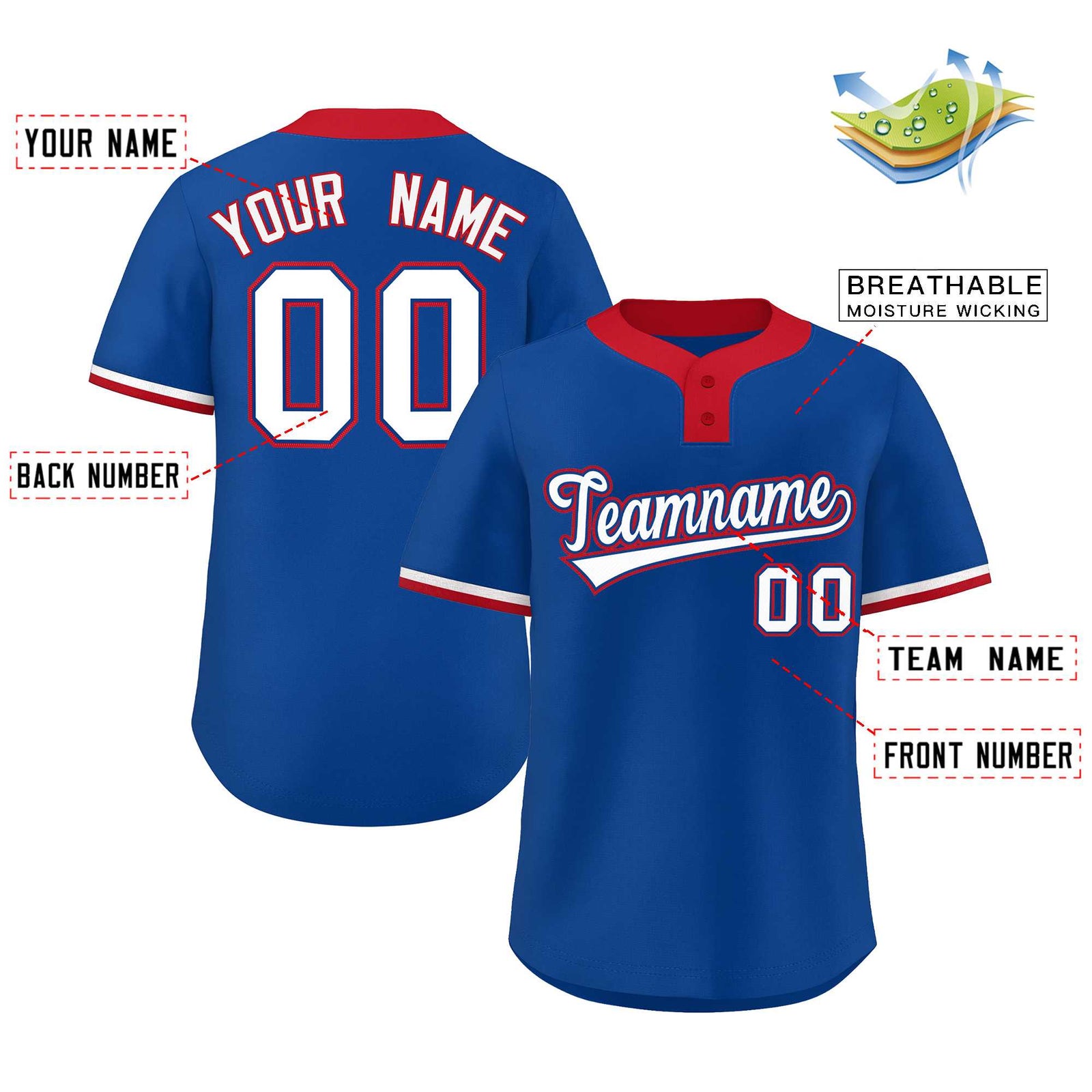 Custom Royal White-Red Classic Style Authentic Two-Button Softball Jersey