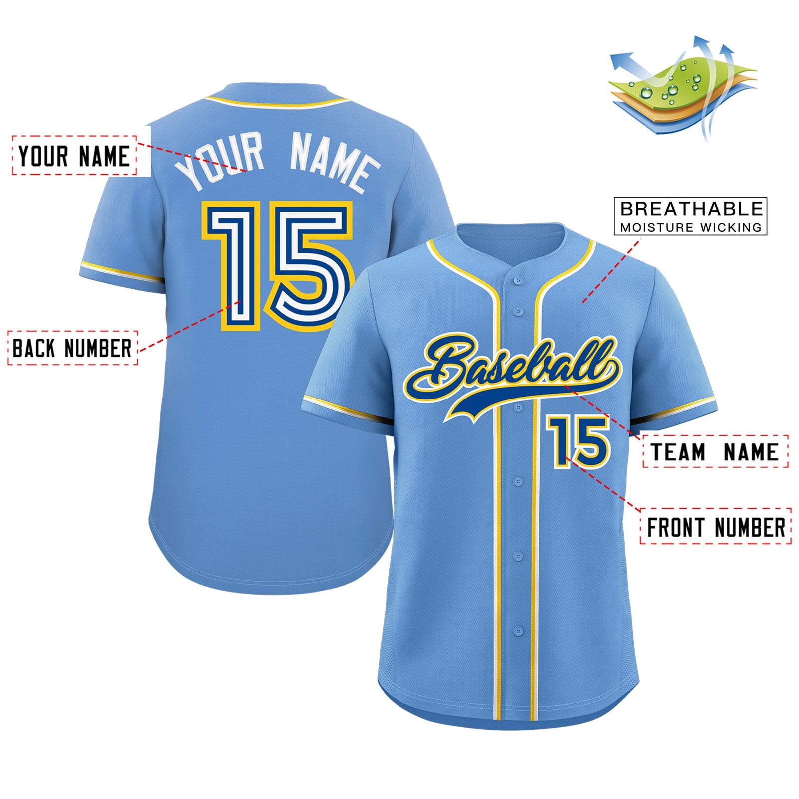 Custom Light Blue Royal-Gold Classic Style Authentic Baseball Jersey