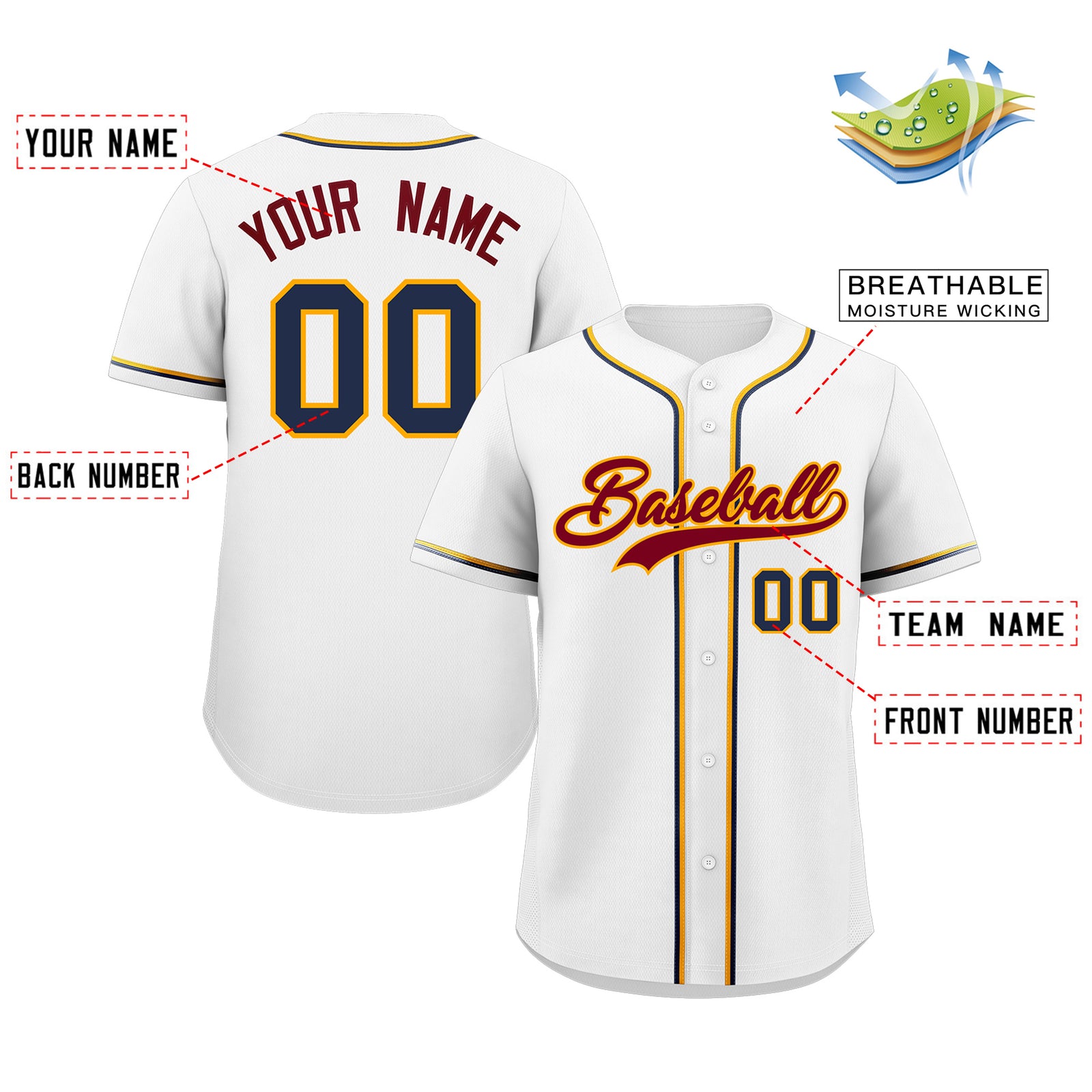 Custom White Crimson-Yellow Classic Style Authentic Baseball Jersey