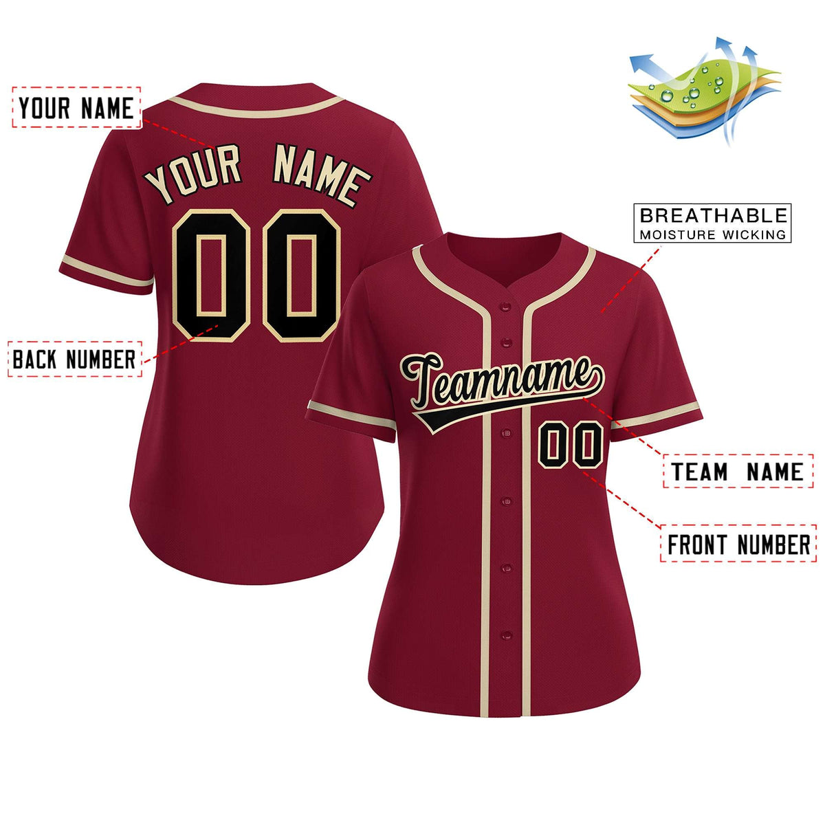 Custom Crimson Black-Khaki Classic Style Baseball Jersey For Women