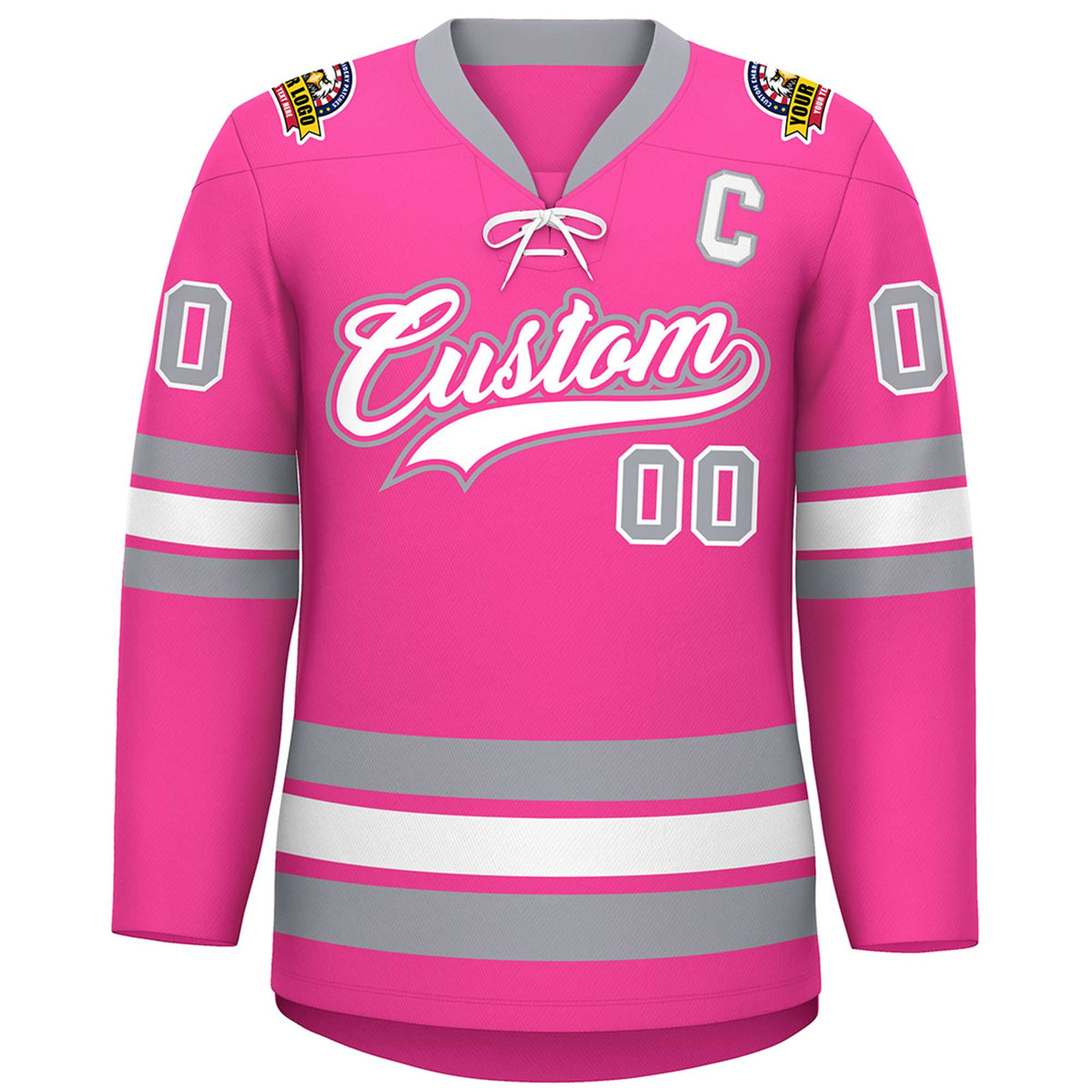 Custom Pink White-Gray Lace-Up Neck Hockey Jersey