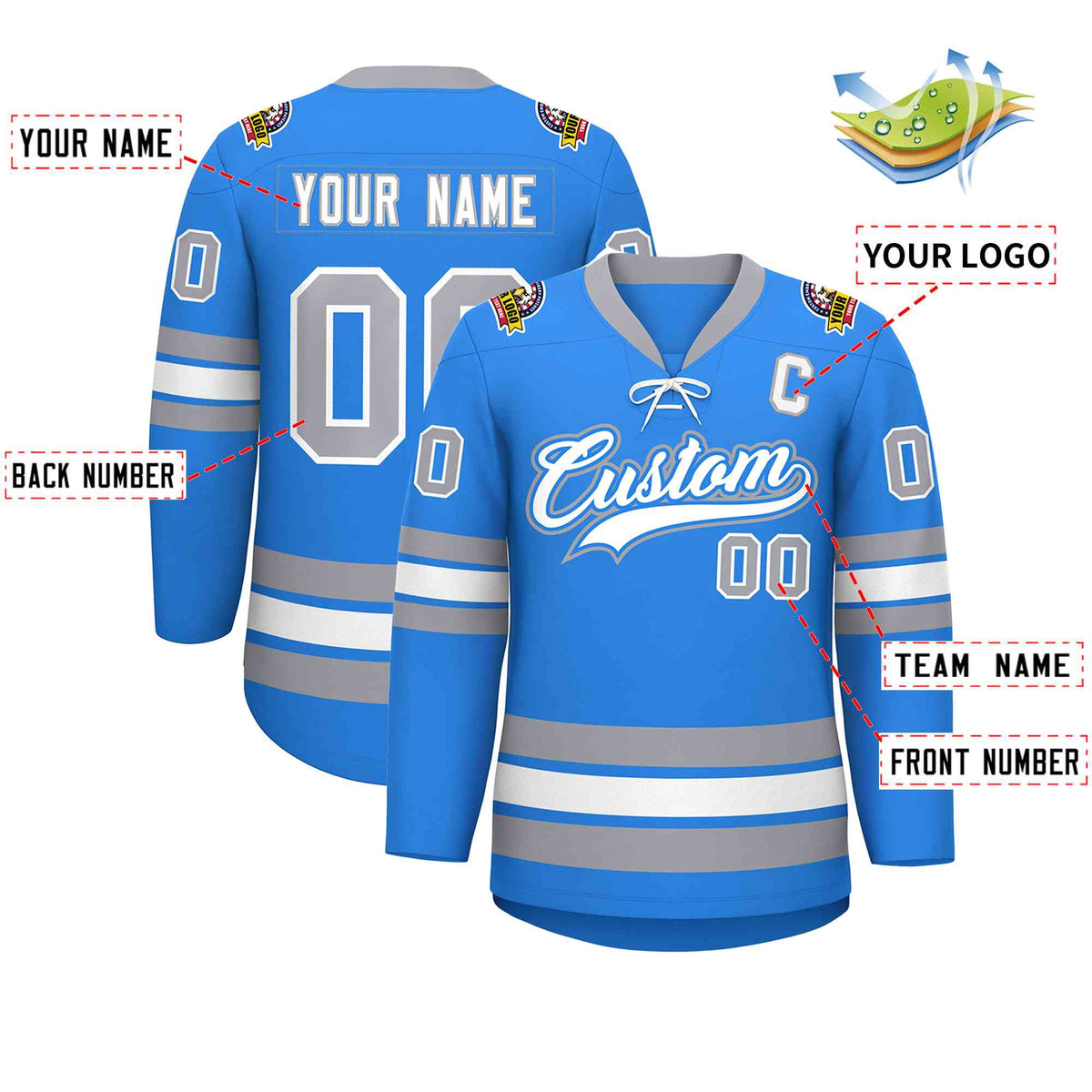 Custom Powder Blue White-Gray Lace-Up Neck Hockey Jersey