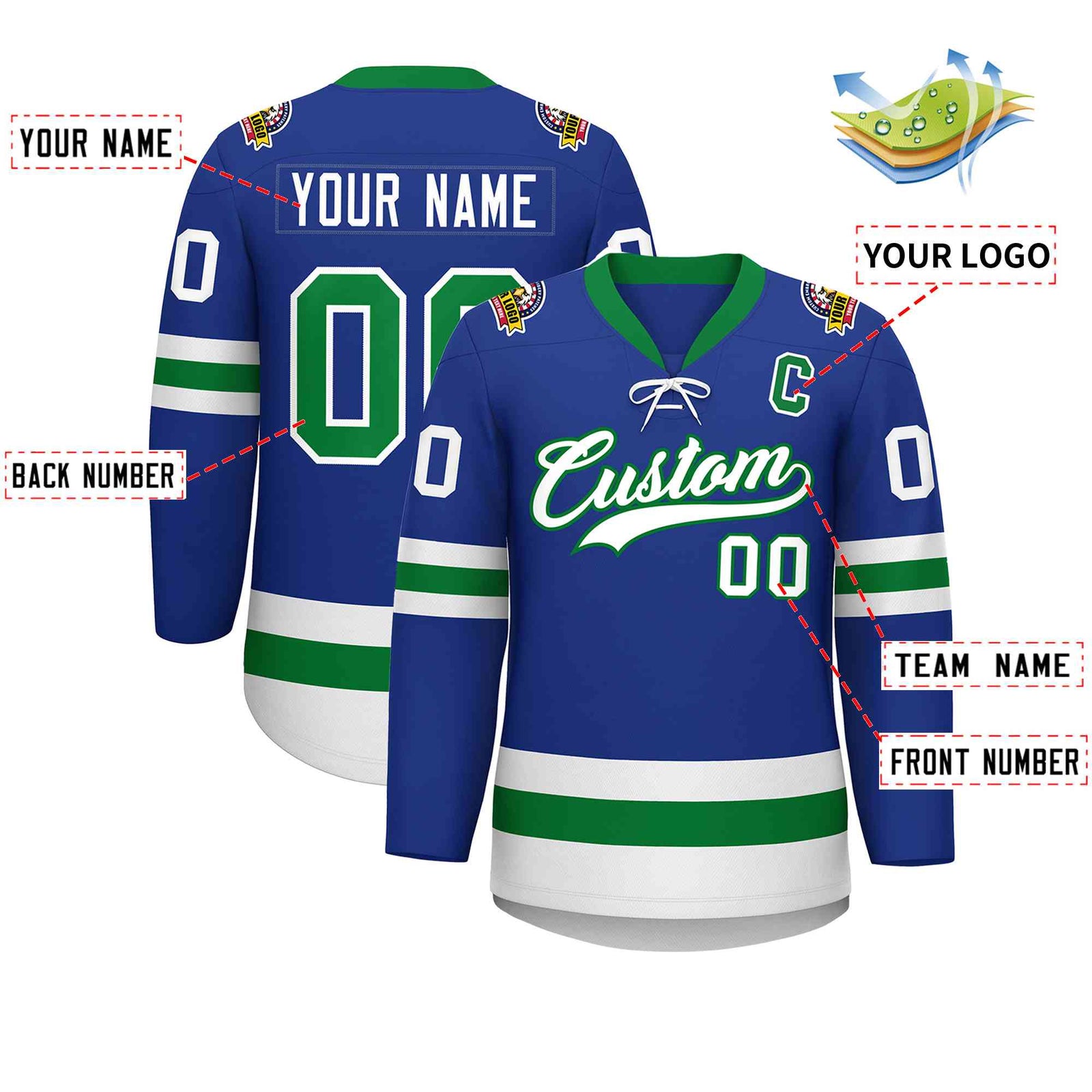 Custom Royal Kelly Green-White Lace-Up Neck Hockey Jersey