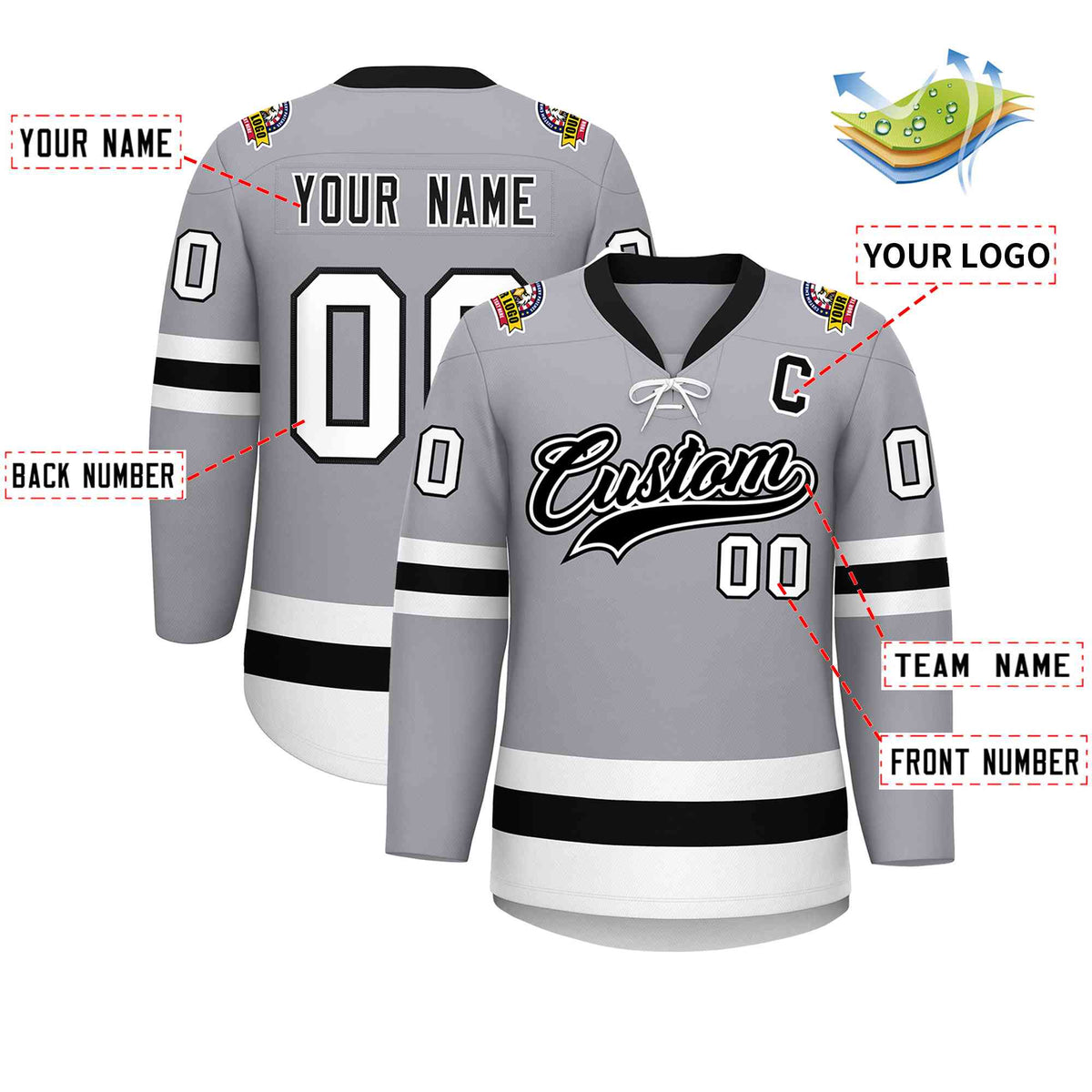 Custom Gray Black-White Lace-Up Neck Hockey Jersey