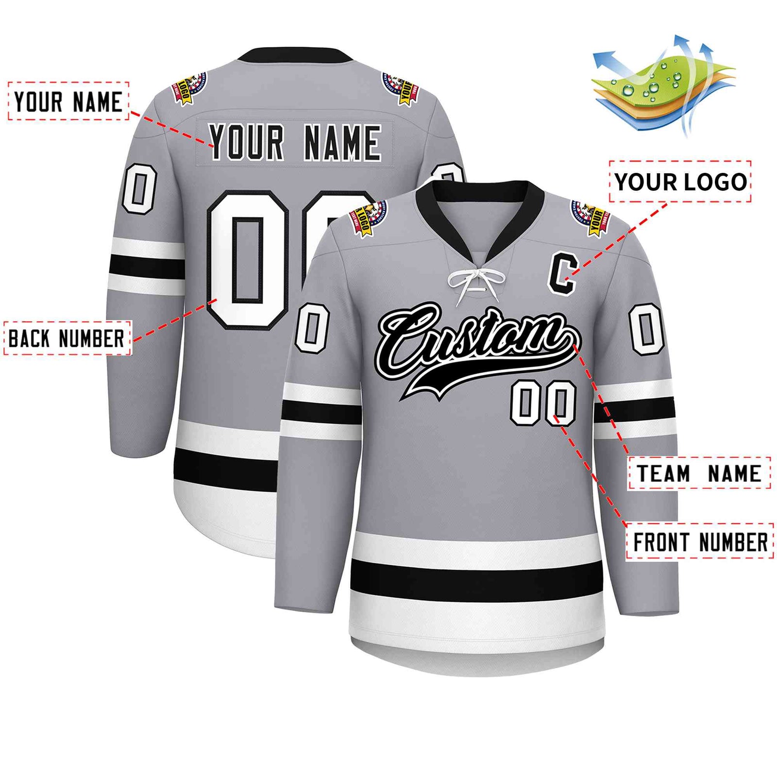 Custom Gray Black-White Lace-Up Neck Hockey Jersey