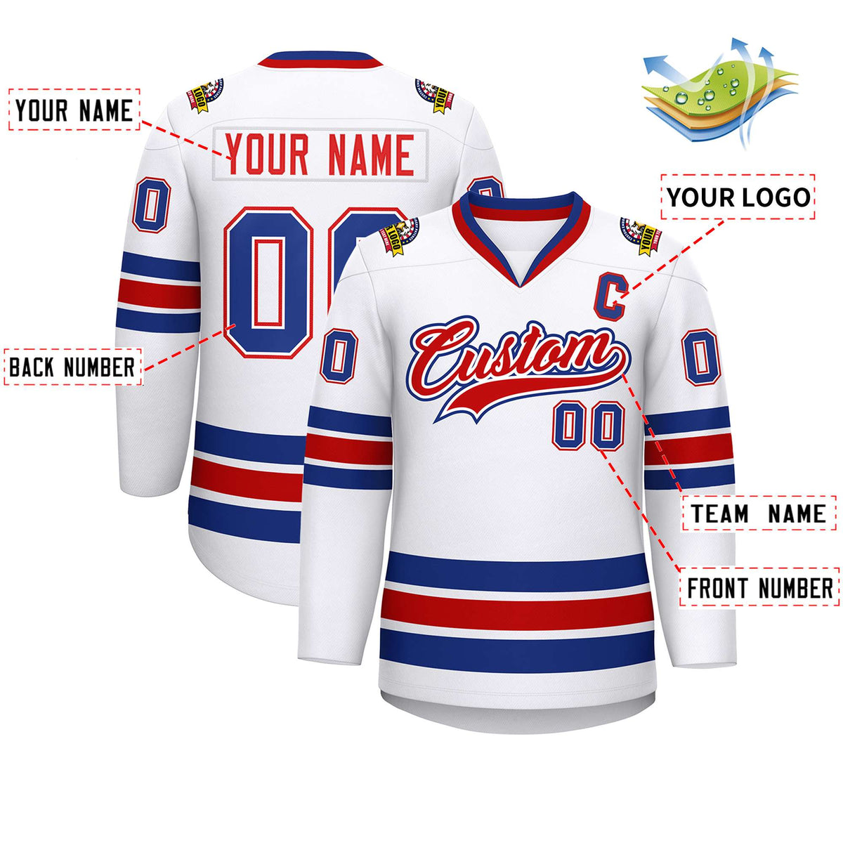 Custom White Red White-Royal Classic Style Hockey Jersey