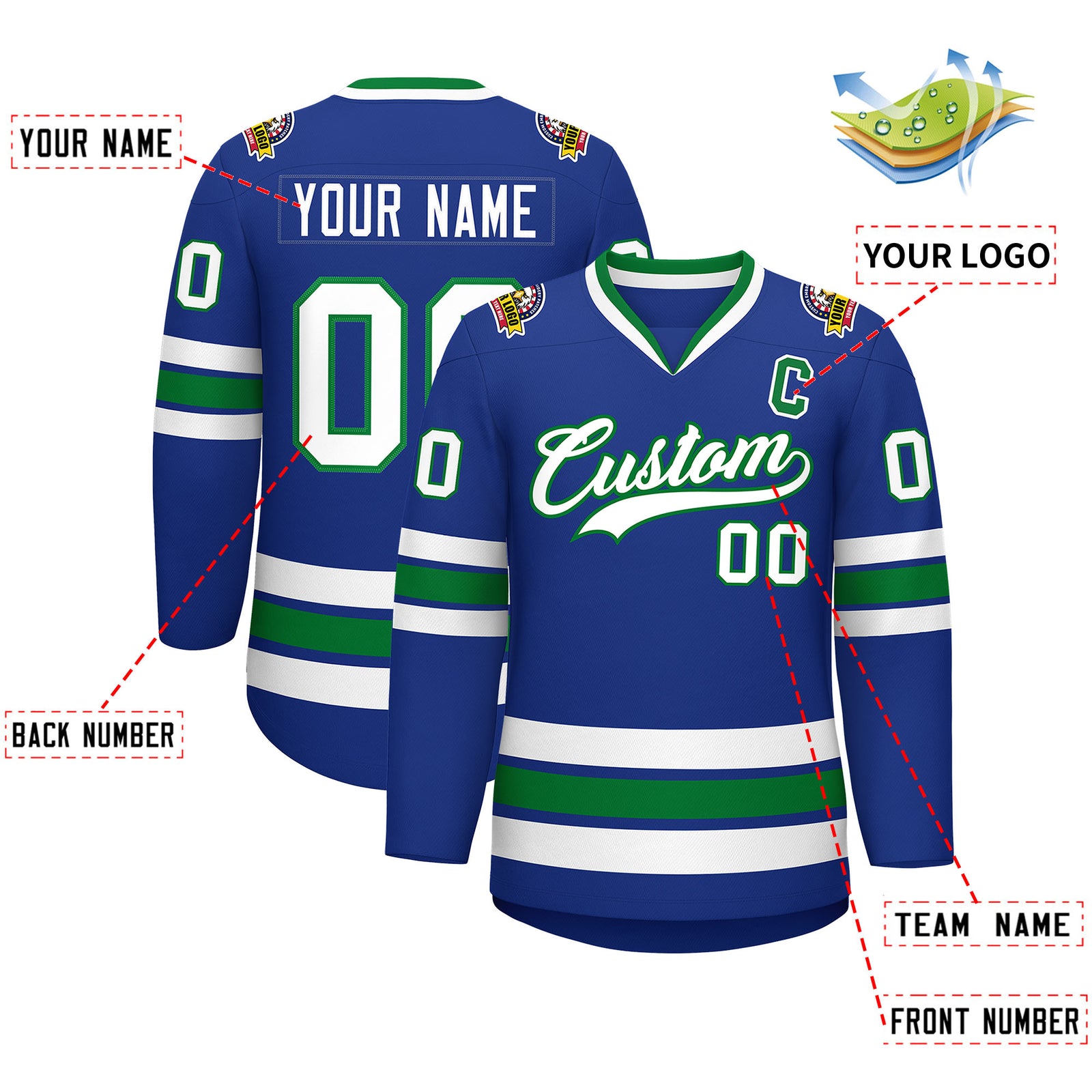 Custom Royal White-Kelly Green Classic Style Hockey Jersey