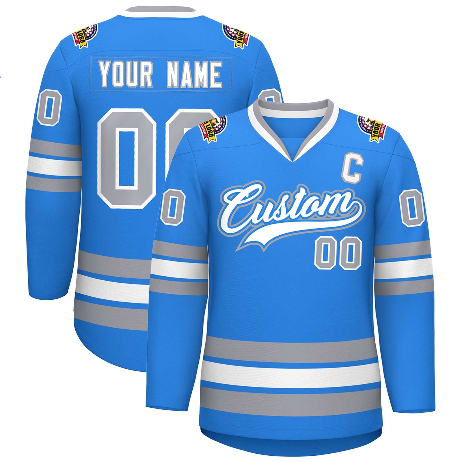 Custom Powder Blue White Powder Blue-Gray Classic Style Hockey Jersey