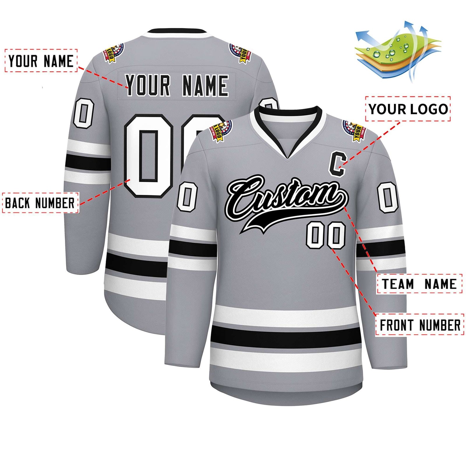 Custom Gray Black White-Black Classic Style Hockey Jersey